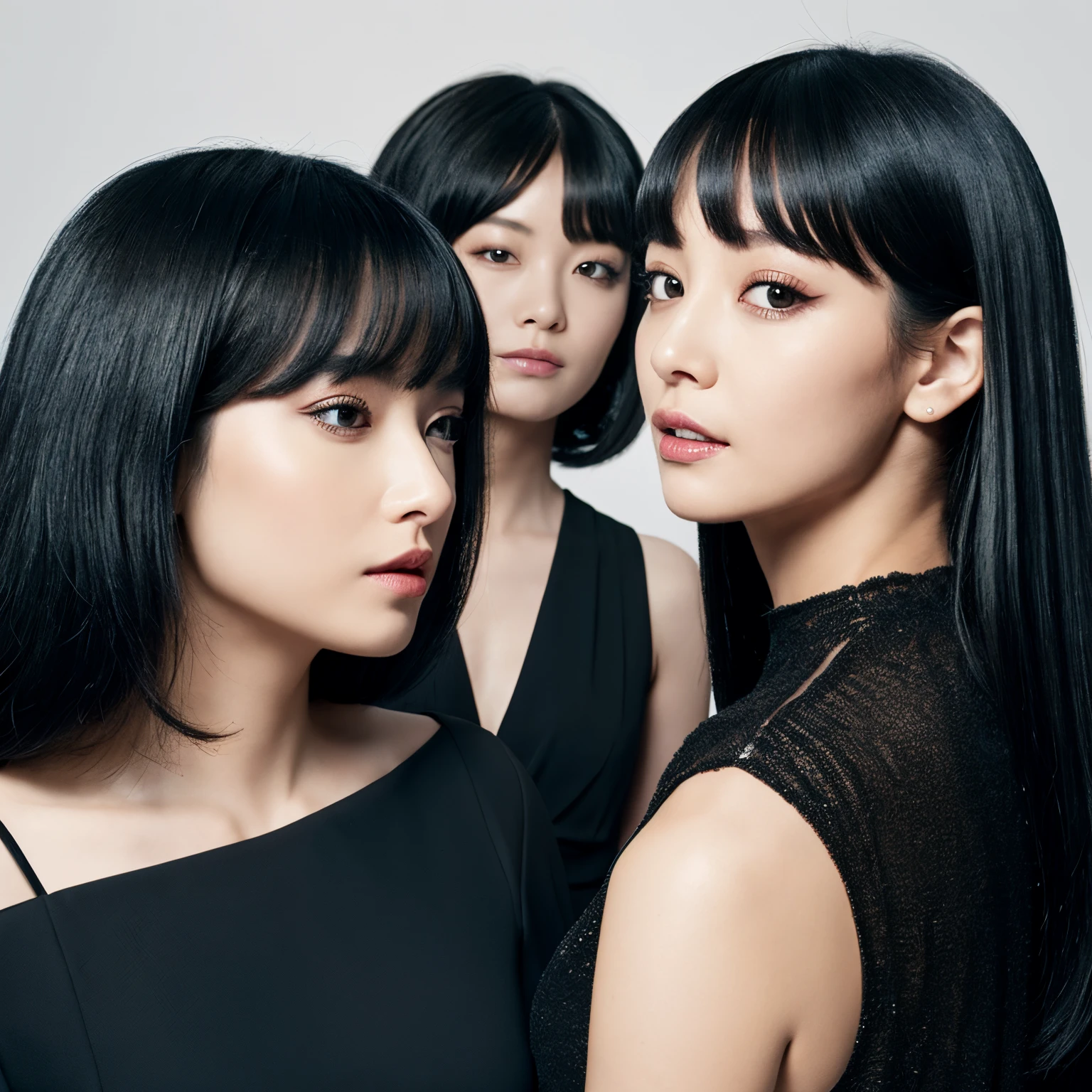 The woman on the left has black bob hair and is wearing a black dress.