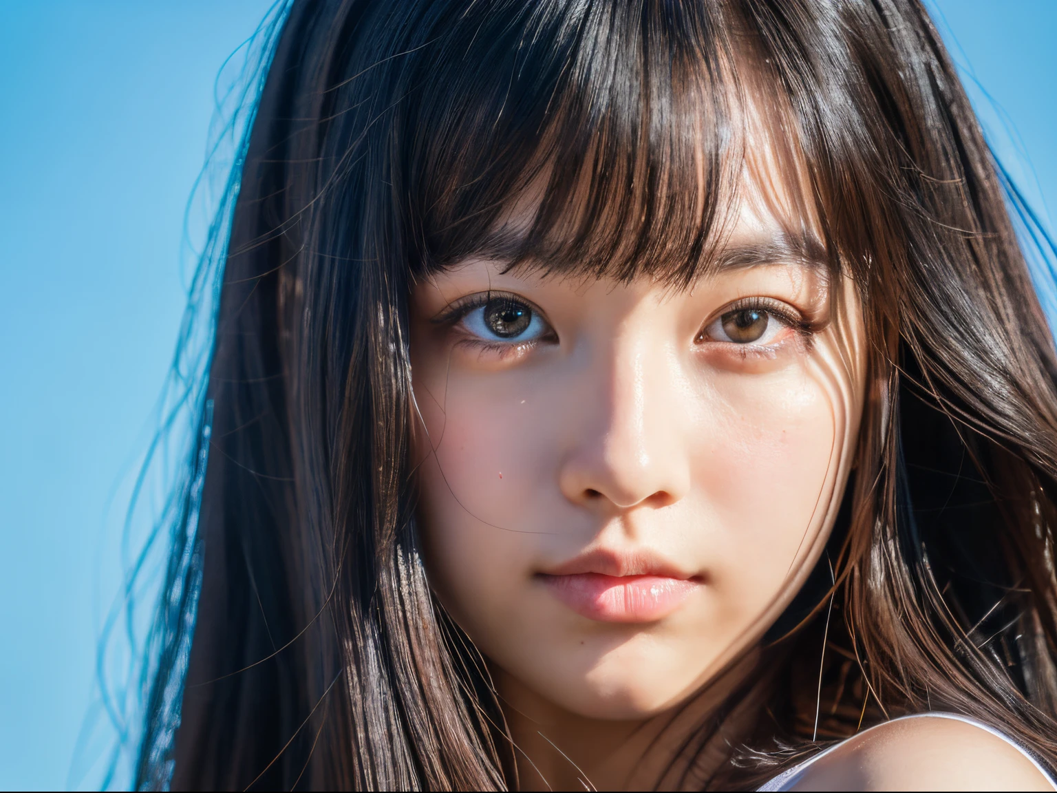 ((Masterpiece, ultra detailed, best quality, HDR, UHD, Sharp focus, hyper realistic, photorealistic, like a photo, RAW Photo)) 1 girl, selfie, blue wall background,  yo, chubby, black long hair with front bang, close up