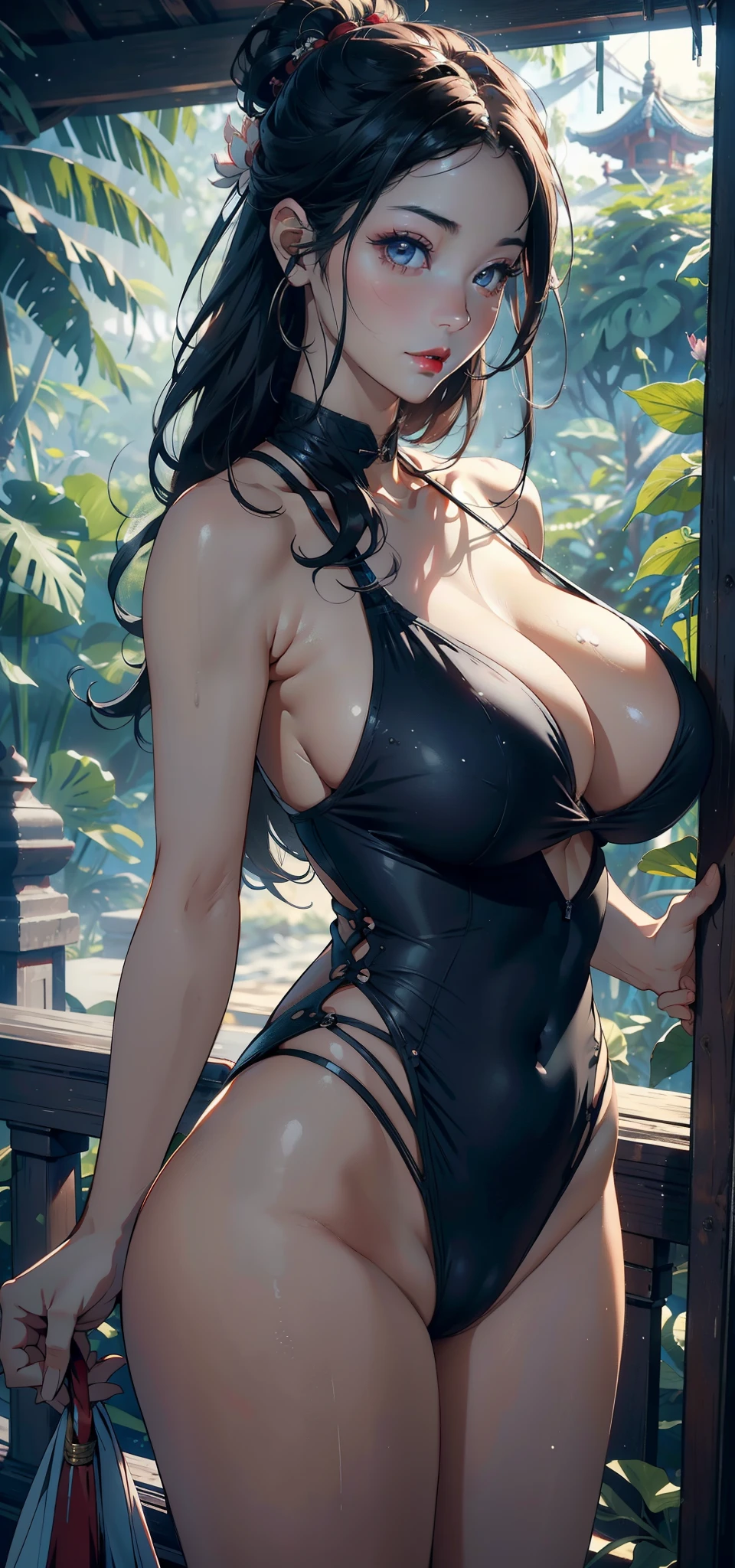 1female,45 yers old,摩洛解放阵线,,mature,very huge big breasts,Colossal titig breasts drooping,独奏,(Background with:hospitals,the rainforest,lotus flower,Sateen) She has short black hair,bobo head,,seen from the front, standing in forest, The sky mostly cloudy,(((tmasterpiece),(Very detailed CG unified 8k wallpaper),Best quality,电影灯光,detailed back ground,Beautiful and detailed right pupil without eyes,Snow-whiteskin,Redlip(Very delicate and beautiful),(Beautiful and detailed eyes description),ultra - detailed,tmasterpiece,))facing at the camera,A high resolution,ultra - detailed),very huge big breastig breasts drooping,violent weapon, convex,legs are open,Raised sexy,Camel toe skin color,longing unsatisfied,street frontage,(dressed in:Transparent deep V swimsuit,)