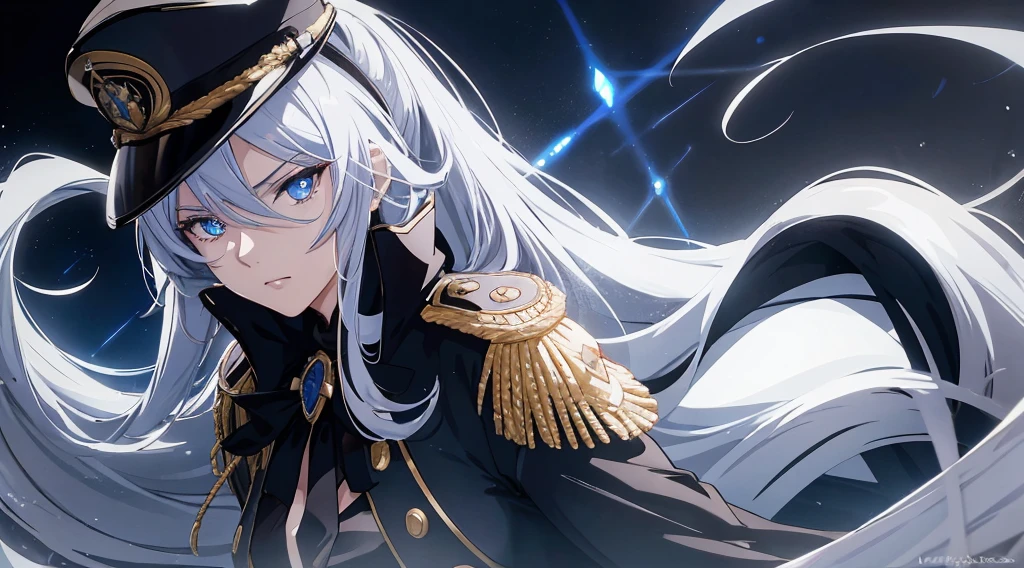 Masterpiece, best quality. 1 Anime lady ( woman), Solo, Look at viewers seriously. Stern looks. She wearing black epaulette dress, black commander hat, have glowing light blue eyes. She have very long white hair. There's God Ring behind her. Cinematic light. War background. Releasing power. blue aura.