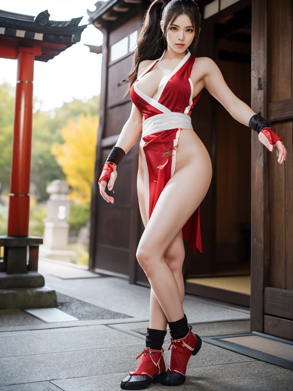 (mai shiranui:1.5), (tabi:2.0), (toe:1.2), (Full body portrait:2.0), Full body, (Realism), (masutepiece:2.0), (Best Quality), (ultra-detailliert), (8K, 4K, Convoluted), (Flat Lighting:1.2), (skinny), Prestige, Brown eyes, Long hair, Brown hair, White ribbon, Sleeveless, poneyTail, sash, pelvis curtain, arm guards, mitts, fascinated expression, Sexy eyes, medium breasts, Smile, Cute, view the viewer, Long hair, Close to Japan temple, (breasts focus:1.2), (Realistic:1.2), (Full Shot: 1.2), (85 mm), light Particle, Lighting, (Highly detailed:1.2), (Detailed face:1.2), (gradients), SFV, Colorful, (Detailed eyes:1.2), (Detailed temples of Japan: 1.2),(Detailed background), (Dynamic Angle:1.2), (Dynamic Pose:1.2), (Line of action:1.2), Wide Shot, Daylight, Solo.