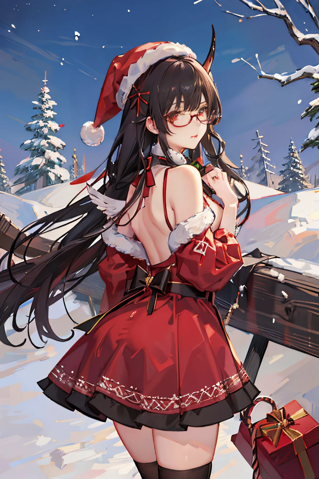 "anime girl, 1 person, black hair, shoulder length hair, red eyes, glasses, white horns, discreet, santa outfit, santa shirt, santa hat, winter outfit, big breasts, stockings, licking lips, small black wings on back, solo, , falling snow, Christmas gift box, Christmaull HD 4K+ image)"