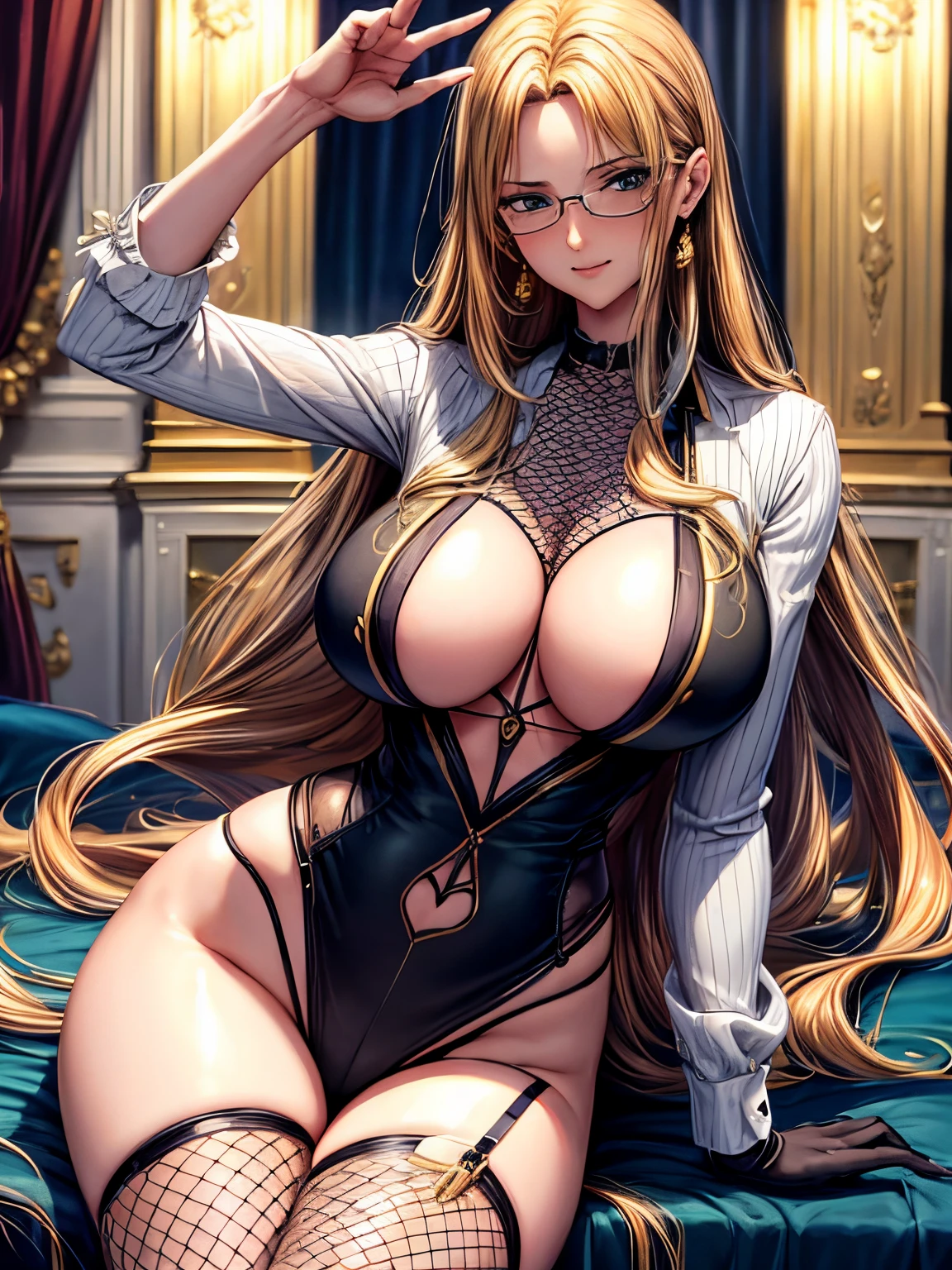 (Best quality at best,8K,A high resolution,tmasterpiece:1.2),Digital artwork,A woman，30 years old，mature looking，tall nose bridge，Frenchman，golden long hair，straight hair，With a gentle expression, Depicted from head to toe，big breasts，no bang，detailed face, black formal suit with fishnet stockings，wearing glasses，in the castle，