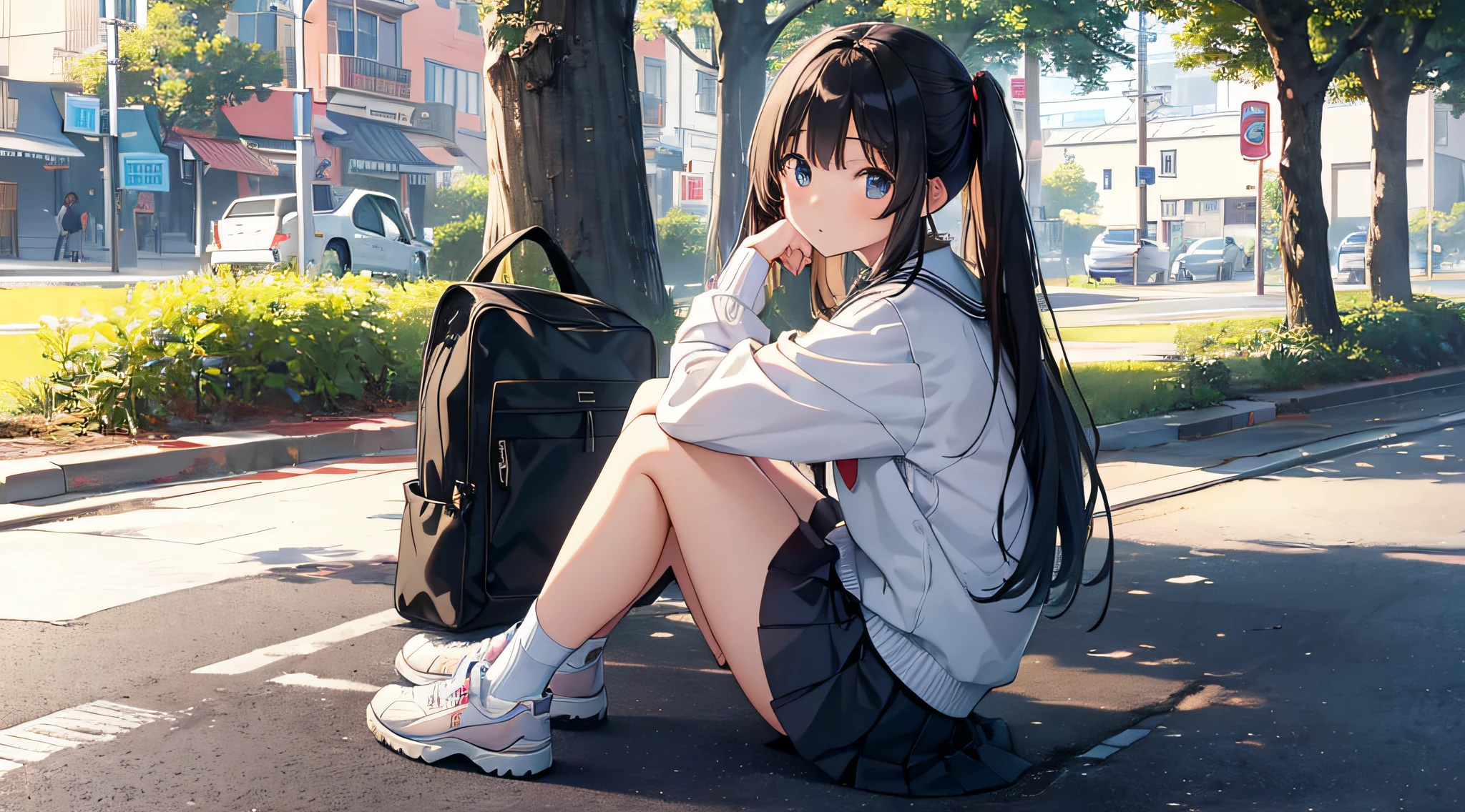 top-quality、masterpiece、1girl in、kawaii、hi-school girl、a miniskirt、Stumble、Sit on the ground with your legs open、Kamimei、Staring at me、A look of embarrassment、Pants are visible、Panties with a variety of patterns