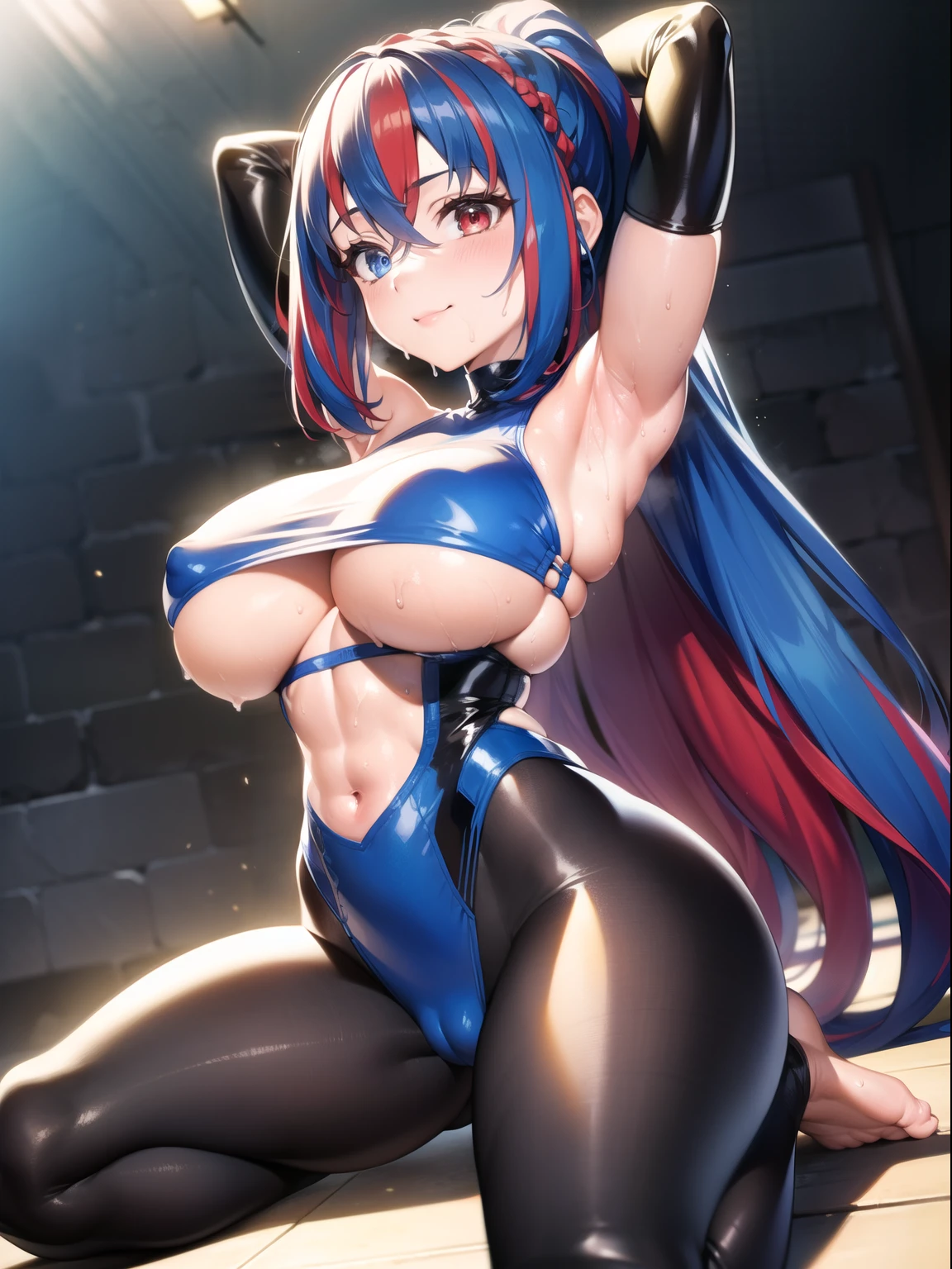 masterpiece, best quality, masterpiece, best quality, extremely detailed CG unity 8k wallpaper, colorful, 1girl, solo, (exquisite facial features), attractive figure, 1girl, solo, pepsi, heterochromia, two-tone hair, ponytail, smile, blushing, thick thighs, sexy pose, abs, muscular, leotard, elbow gloves, thighhighs, latex clothes, underboob cutout, turtleneck, armpits, barefeet, sweat, wet skin, cameltoe, medium breasts
