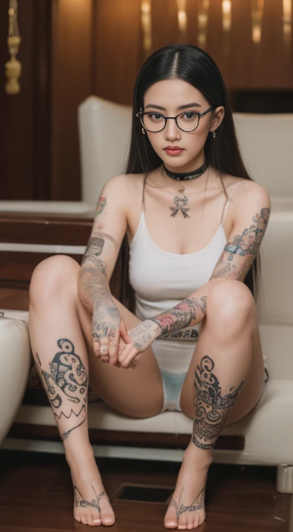 ((Best quality at best, 8K, tmasterpiece :1.3)), Focus sharp :1.2, Korean guy with tattoos. Thick woman. 17 years younger. ((Barbie))long, hair straight. choker necklace ((wears glasses.)) crawling. White lined underwear,white thong,Barefoot,Bare legged. show me your crotch. in front of camera. closer. and clear. Crotch details. The good one. .°(Detailed texture of tattooed skin))