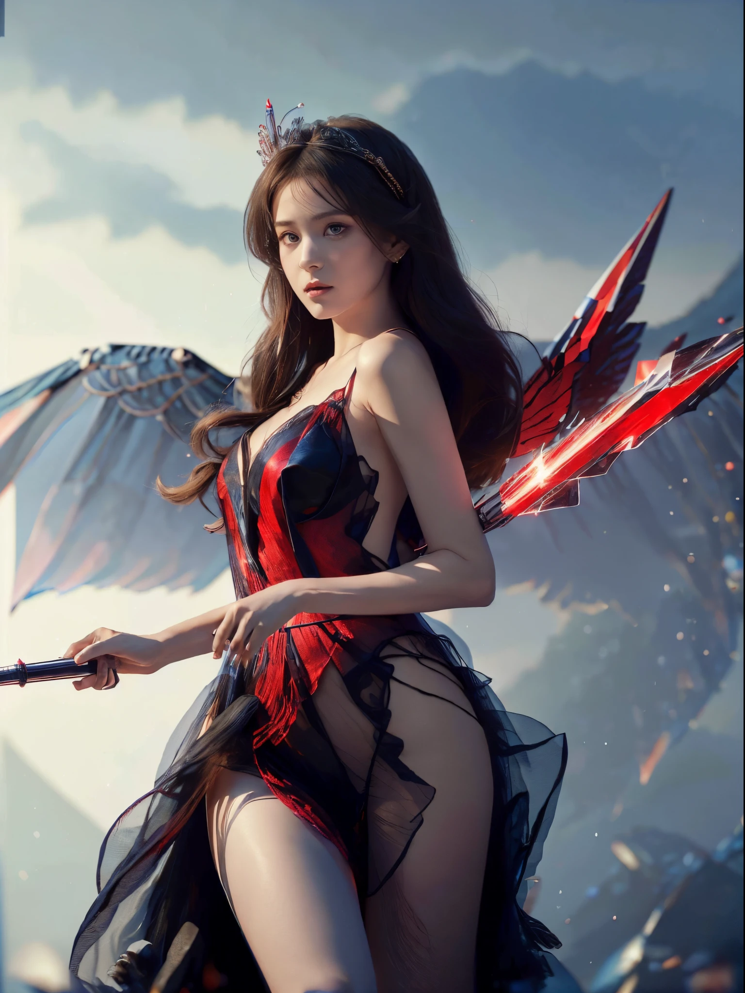 The girl has six pairs of wings，whaite hair，Wearing a cumbersome dress，The dress has high slits，The eyes have different pupils, one black and one red.，With a scepter in his hand，Overall very majestic