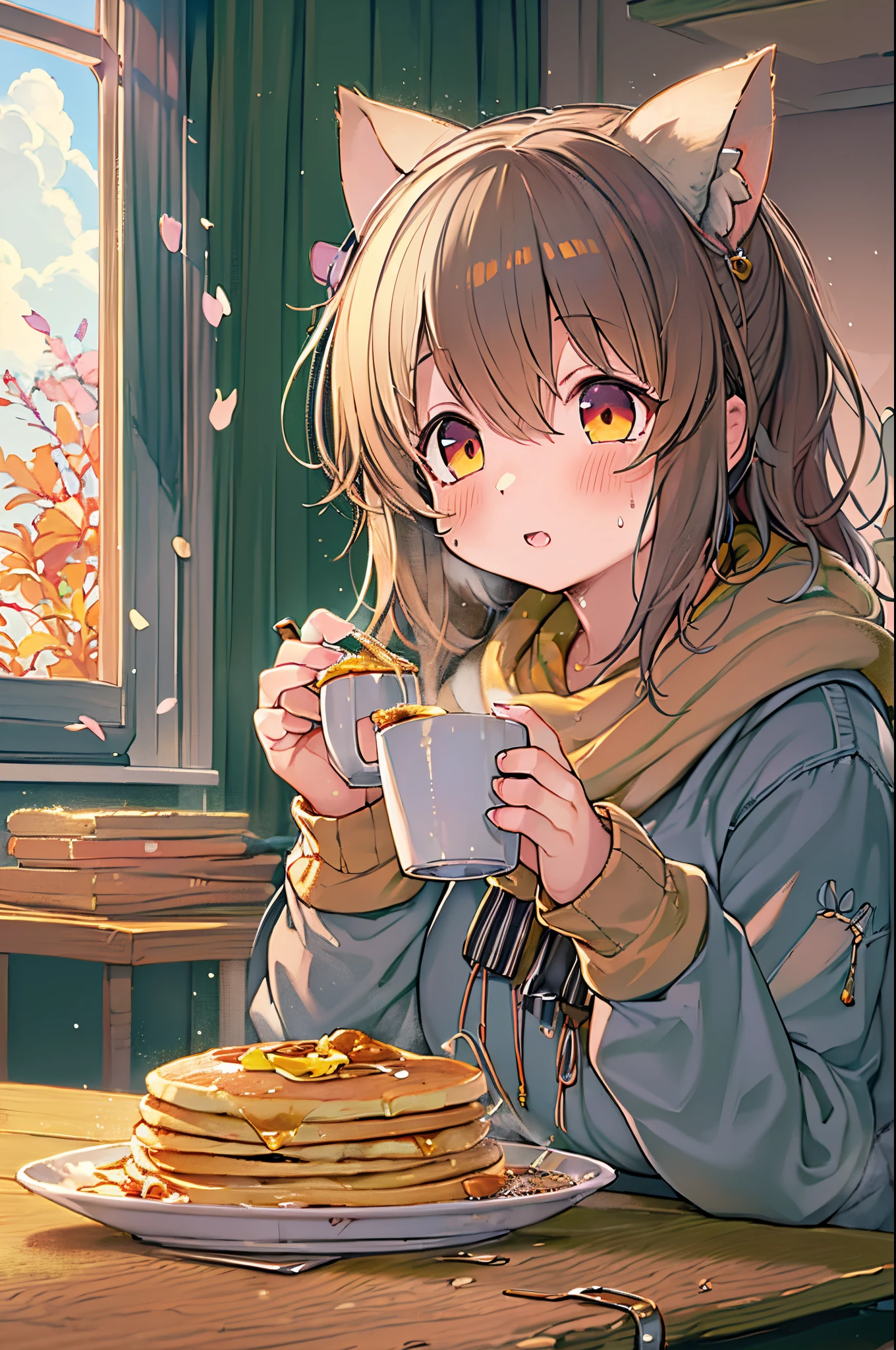 (best quality, masterpiece) high resolution illustration of a young woman covered in sticky natural honey, yellow, syrup, oversized sweater, comfy, cozy, close-up shot, detailed texture, delicious aroma, flavorful sensation, warm and appetizing,