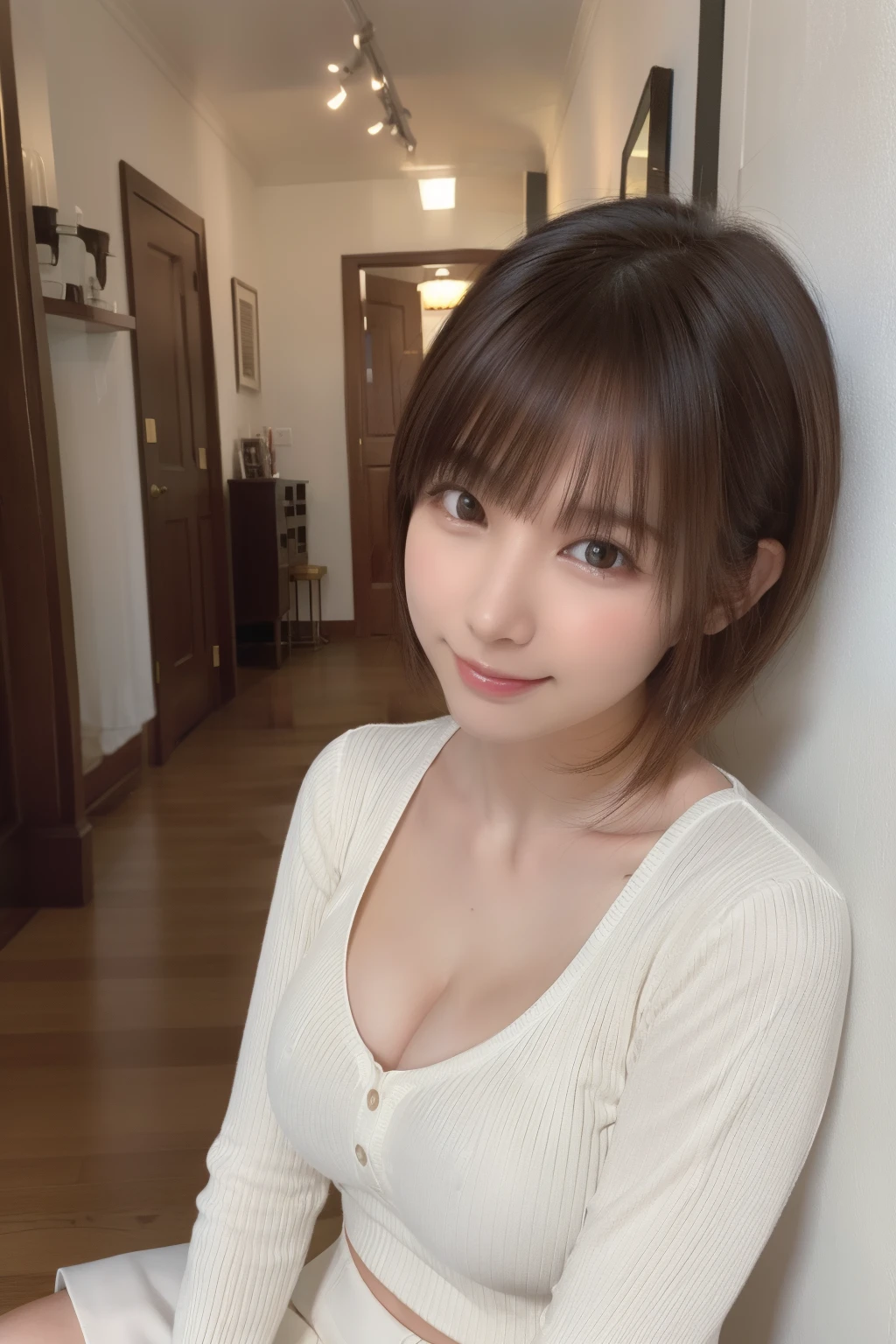 ((​masterpiece)), ((top-quality)), , Realisticity, high-level image quality, ultra-detailliert, , age 30s, Delicate facial features, short-hair, Realistic backgrounds and accessories, large full ???????, ???? smile, livingroom, (Corridor without windows), lean ????????????????, Tight long-sleeved knit, tight miniskirt, ((indirect lighting)), wide Shots, wide angles, sideways Facing
