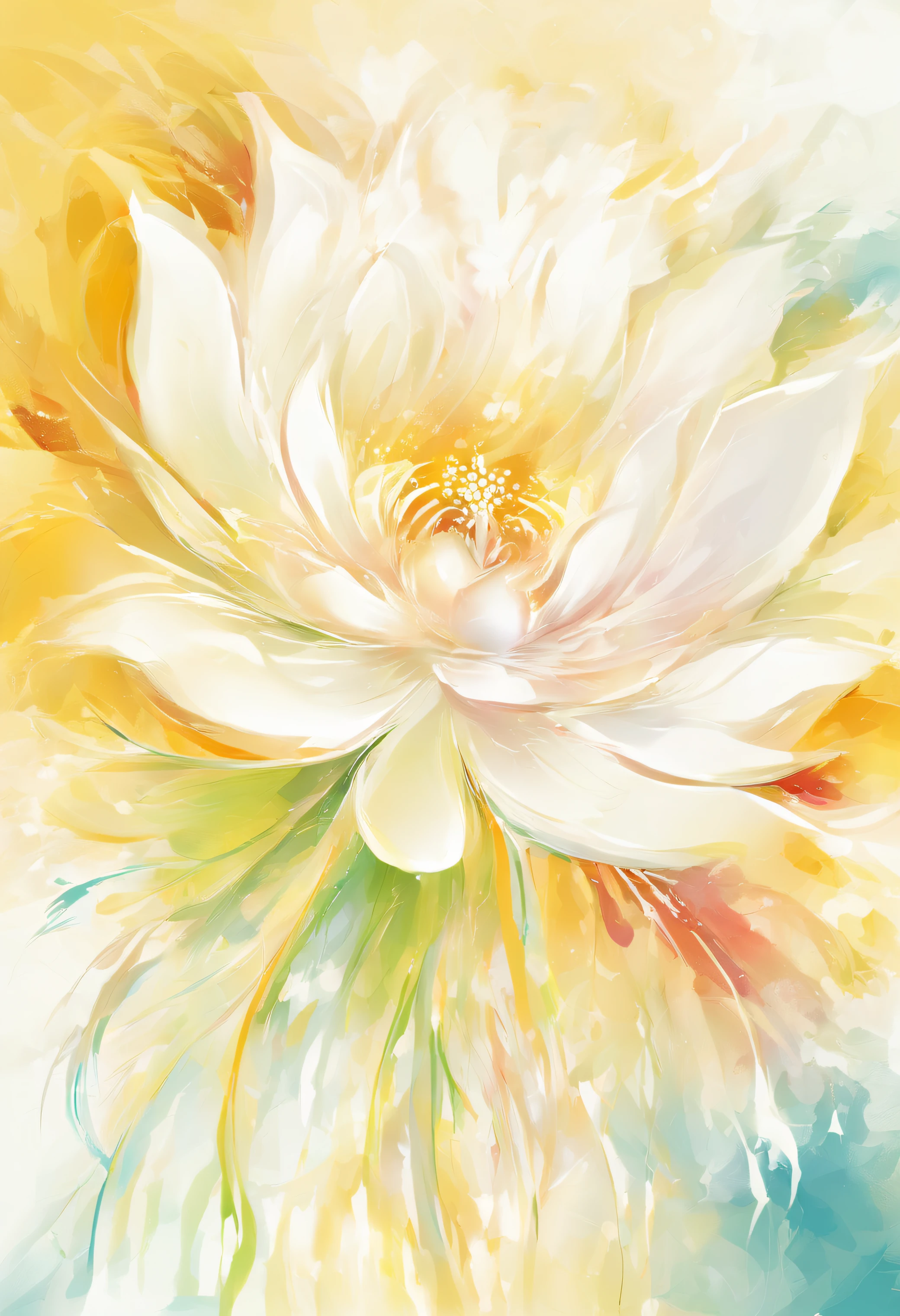 Draw an abstract painting of a single flower.,White Lotus Flowers、round lotus leaf、use acrylic paint、Abstract artist known for his unique use of acrylic pouring, real brush strokes,aesthetic composition,Minimal style, slow stroke、shape of light、White lotus flower symbolizes peace of mind.、Express the feeling of having a lighter burden on your heart、The main color of the work is bright and clean light yellow.......、Add moist compacted sand、Enhances the texture and tactile elements of your artwork, While staring at this image, oot、Interaction of color and texture、feel a sense of relief、guided by salvation