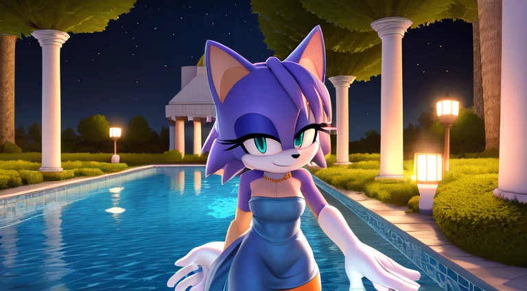 Krystal The Fox, Beautiful, short hair, yellow hairband, smile, Jewelry, Blue Strapless Dress, Short Dress, Long White Gloves, Night, Stars, Looking at Viewer, walking, 2D illustration, A Background of a Roman pillars of Scenic green field with trees lining the sides , adorned with a colorful vibrant flowers, a swimming pool with a fountain, upper body, close up.
