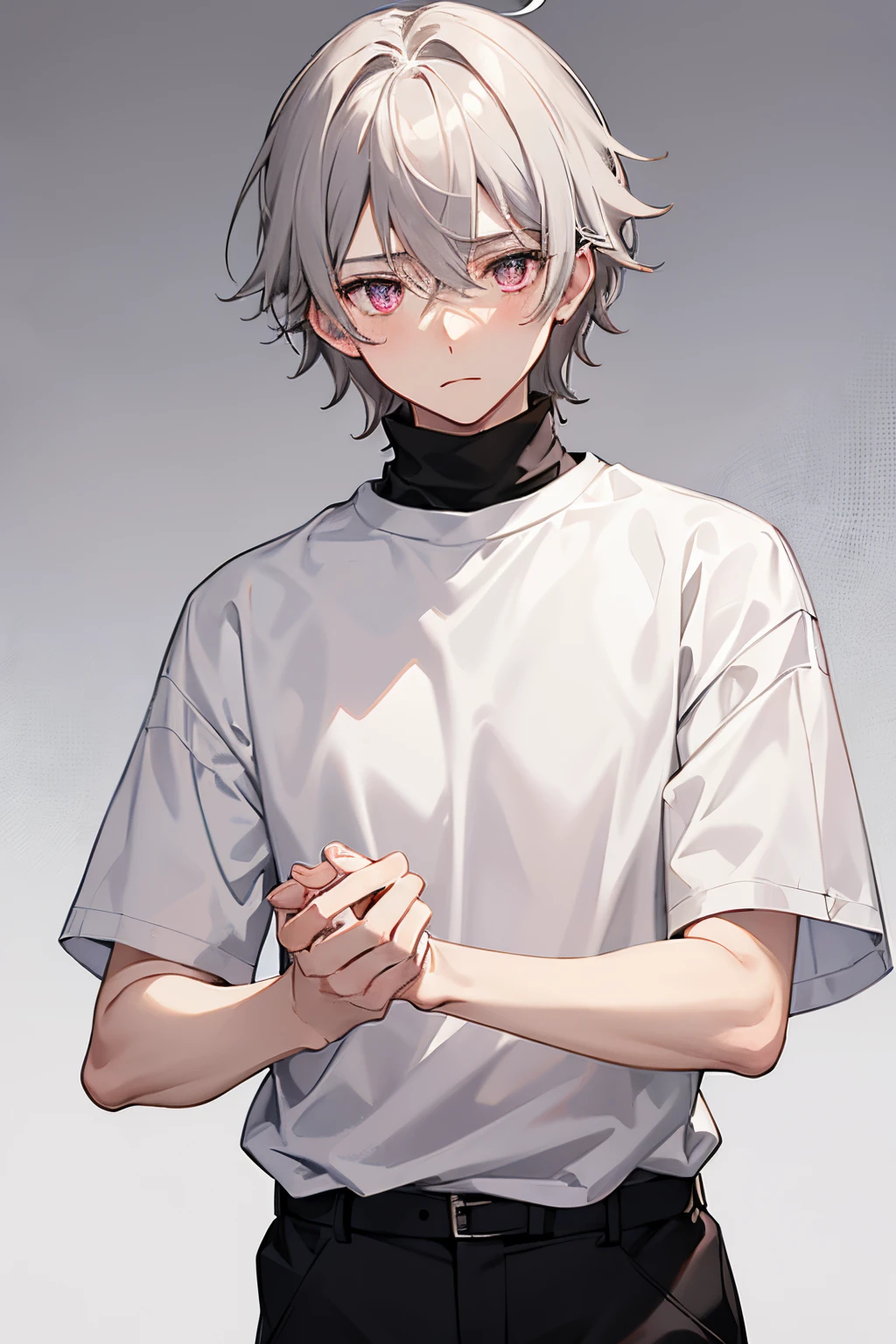 1boy, male, kuudere, blank expression, no blush, grey hair, messy hair, pink eyes, black turtleneck under a white short sleeve shirt, black shorts, cowboy shot, detailed eyes,