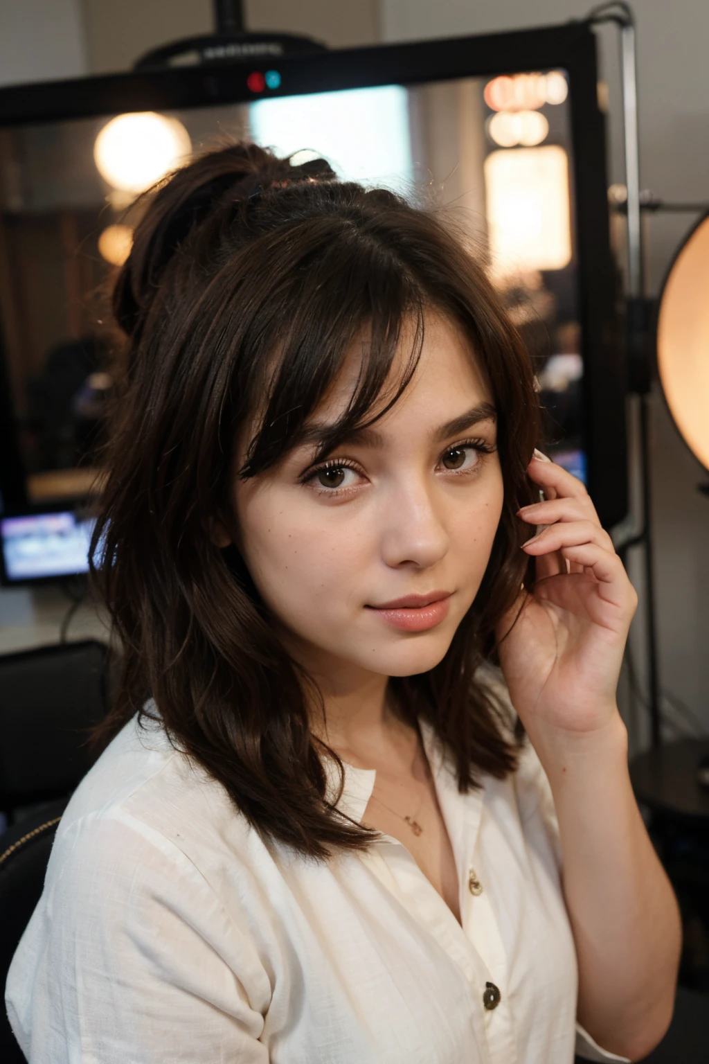 ((best quality)), ((masterpiece)), (detailed), perfect face, cute girl news anchor is reading news, background television studio news, perfect hair and fingers