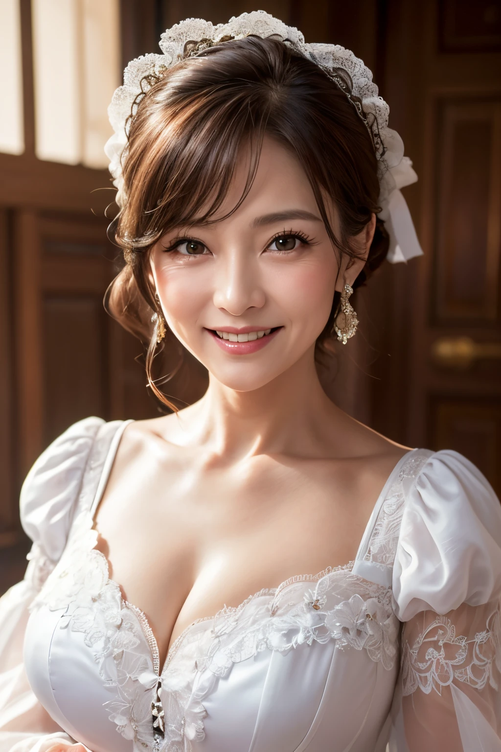 (Masterpiece:1.2), high definition, high quality,(60-year-old woman:1.2)、(Wrinkles on the face:1.2)、Beautie、raor gown, Sweet ****ta, Puffy sleeves,Big breasts,smile,