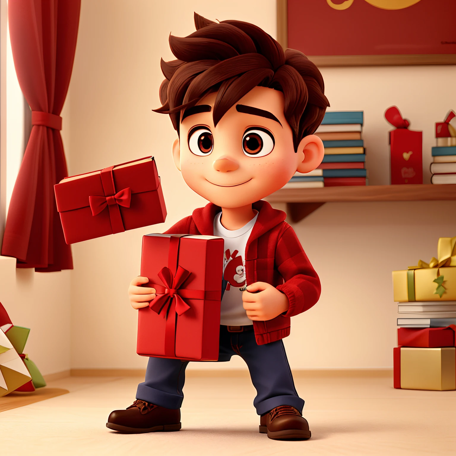 Create an image of a child boy receiving a book-sized gift, it is wrapped in red gift paper with gold details. The person delivering this gift is an adult who is approximately 41 years old. Ele (o adulto) tem cabelo preto e branco.