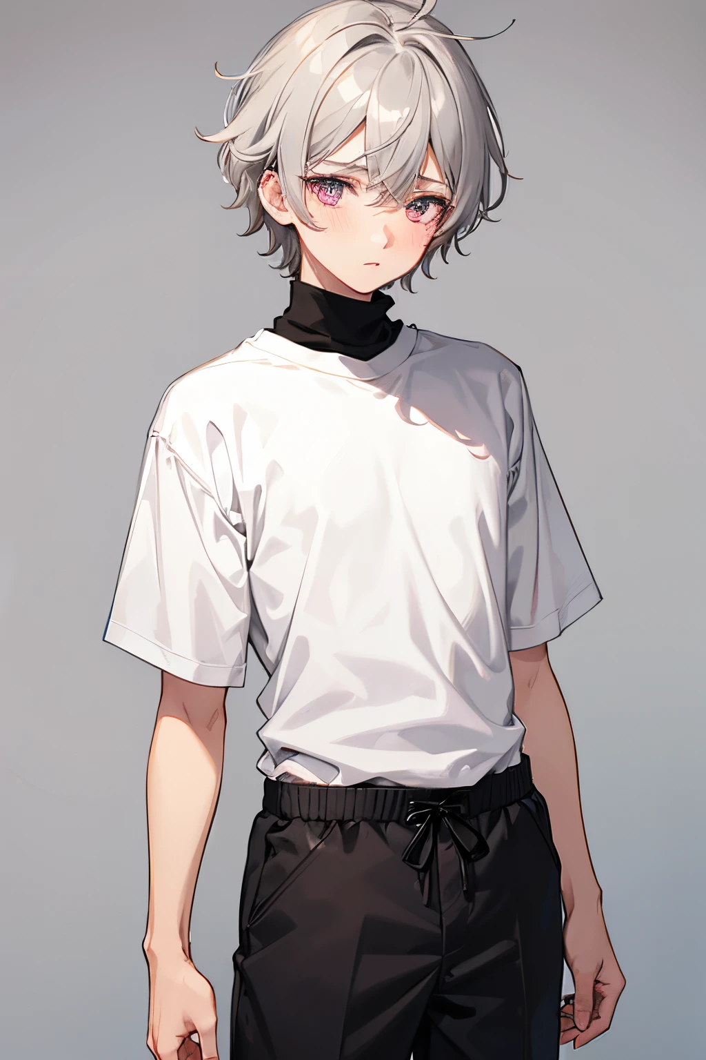 1boy, male, kuudere, blank expression, no blush, grey hair, messy hair, pink eyes, black turtleneck under a white short sleeve shirt, black shorts, cowboy shot, detailed eyes,