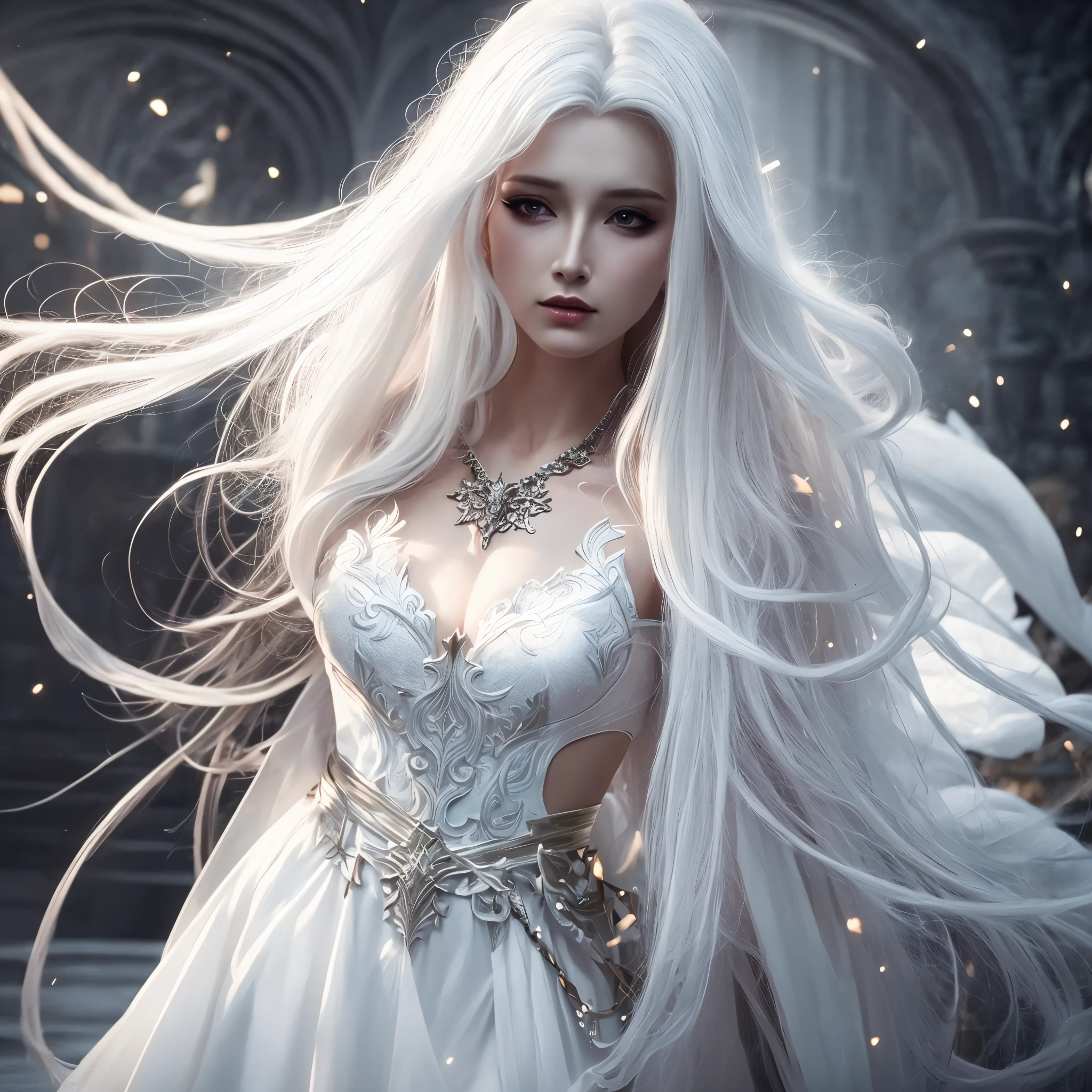 a woman in a white dress with long white hair and a necklace, elegant cinematic fantasy art, gothic fantasy art, 4k fantasy art, beautiful elegant demon queen, detailed fantasy art, beautiful fantasy art, beautiful and elegant elf queen, epic fantasy art portrait, breathtaking fantasy art, epic fantasy art style, dark fantasy style art, amazing fantasy art, dramatic fantasy art