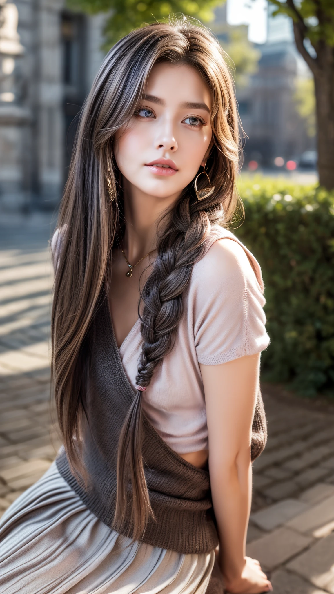 (Ultra-detailed eyes), (((textile shading))), (((Best Quality))), (((masterpiece))), (((Ultra-detailed CG))), sassy girl, (((magical little girl))), (Petite), (tiny chest), bronze long hair, bronze long hair without bangs, long hair, gorgeous hair)),1girl, Craft a breathtaking, highly detailed illustration, (  wearing  Wrap sweater pleated skirt ), Baroness, Short, Toned, Triangular Face, Dark Skin, Gray Hair, grey-blue Eyes, Long Nose, Pouty Lips, Sharp Chin, Shoulder-Length Hair, Coarse Hair, Viking Braid, soft breasts, Huggie earrings, pink matte lipstick, Land Art, Enchanting, Shatter
