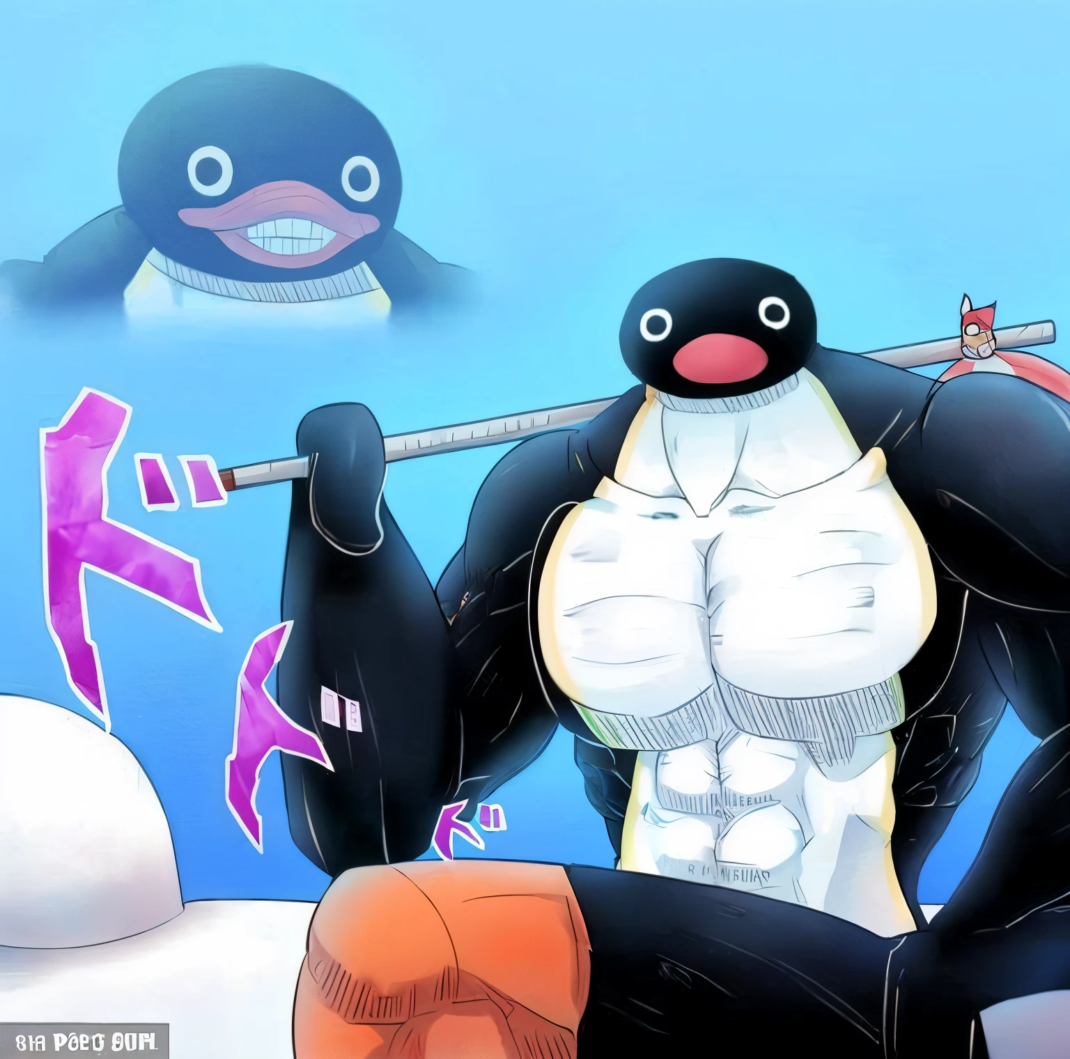 anime characters are posing for a photo with a penguin, male robotic anthro orca, from one piece, mecha anthropomorphic penguin, Pinguim surfando em um bong, anthropomorphic penguin, accurate depiction, one piece, subreddit / r / baleia, sfw version, pinguim gordo, anthropomorphic shark, thresher shark human hybrid