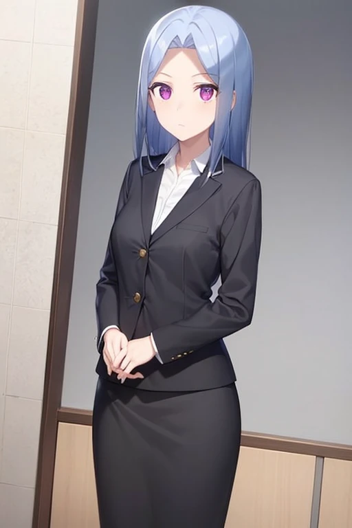 1girl, aya arisugawa, suit, office lady, black skirt, black blazer, pencil skirt, white shirt, collared shirt, long hair, teenager, looking at viewer, full body