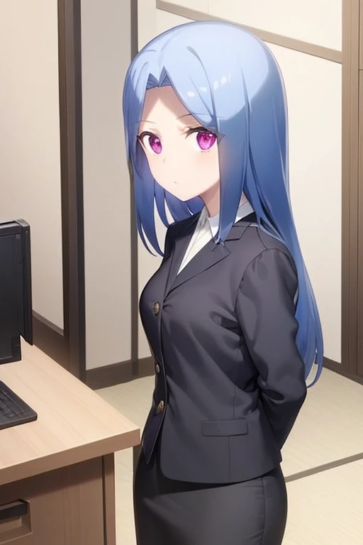 1girl, aya arisugawa, suit, office lady, black skirt, black blazer, pencil skirt, white shirt, collared shirt, long hair, ager, looking at viewer, full body