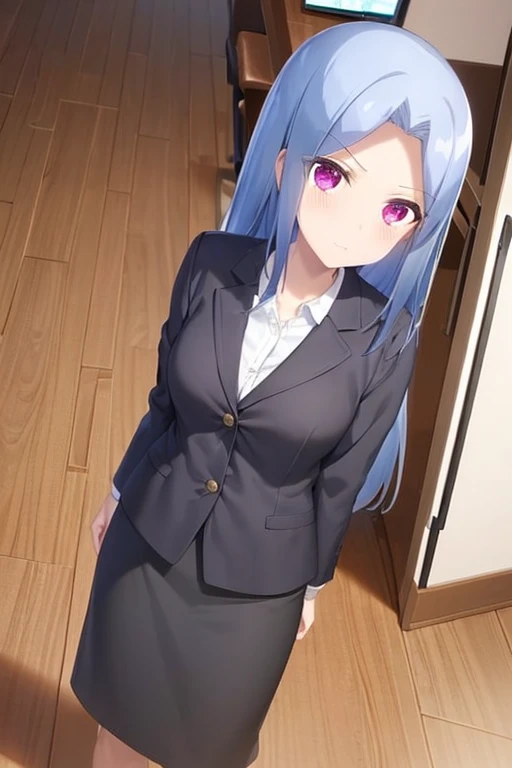 1girl, aya arisugawa, suit, office lady, black skirt, black blazer, pencil skirt, white shirt, collared shirt, long hair, ager, looking at viewer, full body