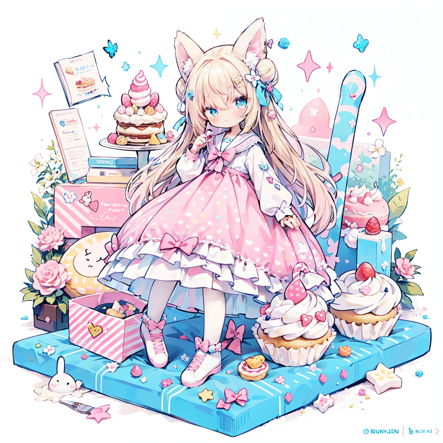 1 girl in, soft and muted colors, (Color Palette:1.2, blue:1.2, Pink:1.2), (blue bun and blonde hair), Sitting on a throne made of sweets and pastries, por exemplo, donut, sprinkle, Confectionery, lollipop, candy cane, A piece of cake, Cupcakes, cake pop, Ruffles and lace, polka dots, Long bat ears