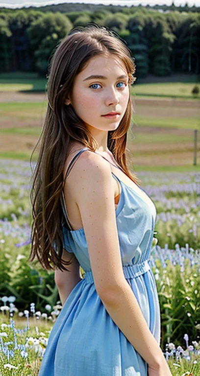masterpiece, best quality, ultra-detailed), photo of a super beautiful girl 18 yo with realistic blue eyes and dark long brown hair, pale skin. in a field of flowers, looking over her shoulder at the camera, 5'8" tall, 34D breasts covered by modest baby blue dress