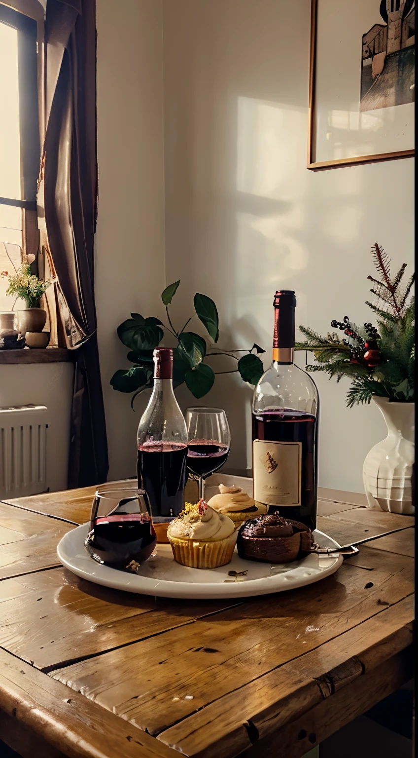 ((There was a bottle of red wine on the table))，cupcakes and bread,  Red wine glasses,  Christmas tree, Window lighting , brightened light, Background floral pattern curtains, Christmas bunting，Christmas gifts, classical decorative painting , In retro bar, Bright background, Good sunshine, festive atmosphere