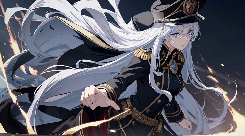 Masterpiece, best quality. 1 Anime lady ( woman), Solo, (Look at viewers) . Stern looks. She wearing black epaulette dress, black commander hat, have glowing light blue eyes. She have very long white hair. There's God Ring behind her. Cinematic light. (War, destroyed ground, Ashes flowing). Releasing power. blue aura.