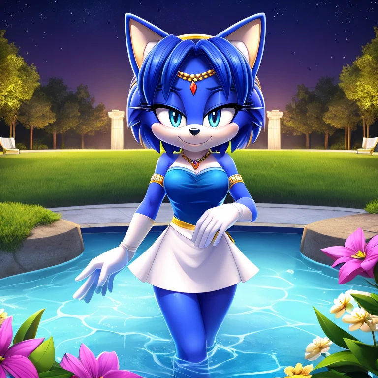 Krystal The Fox, Beautiful, short hair, yellow hairband, smile, Jewelry, Blue Strapless Dress, Short Dress, Long White Gloves, Night, Stars, Looking at Viewer, walking, 2D illustration, A Background of a Roman pillars of Scenic green field with trees lining the sides , adorned with a colorful vibrant flowers, a swimming pool with a fountain, upper body, close up.