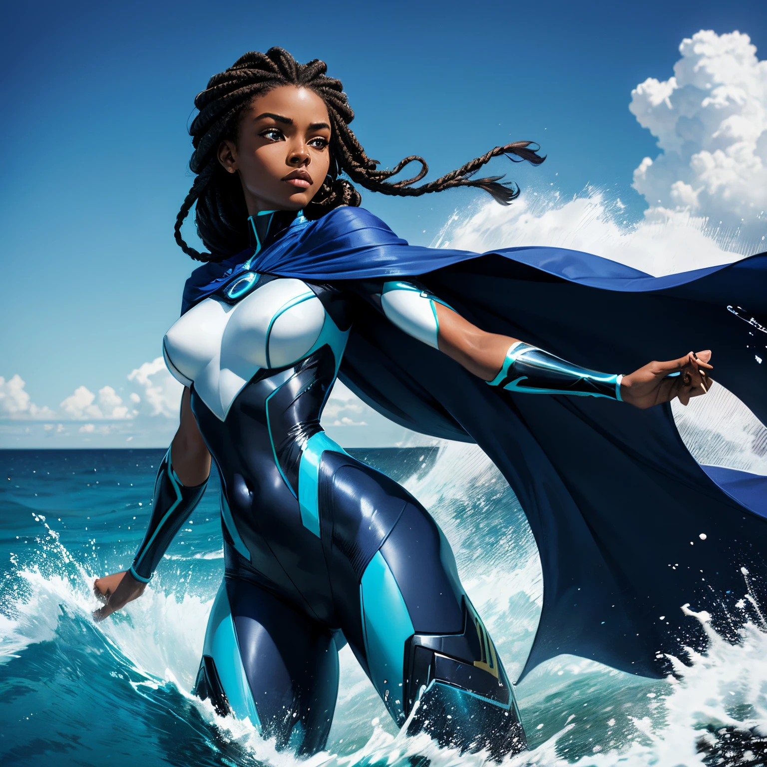 A African heroine(with long hair in twists tied) with hydrokinetic that wears a sleek high-tech hero bodysuit in shades of deep blue or turquoise, reminiscent of ocean hues and A flowing cape resembling cascading water or ocean waves