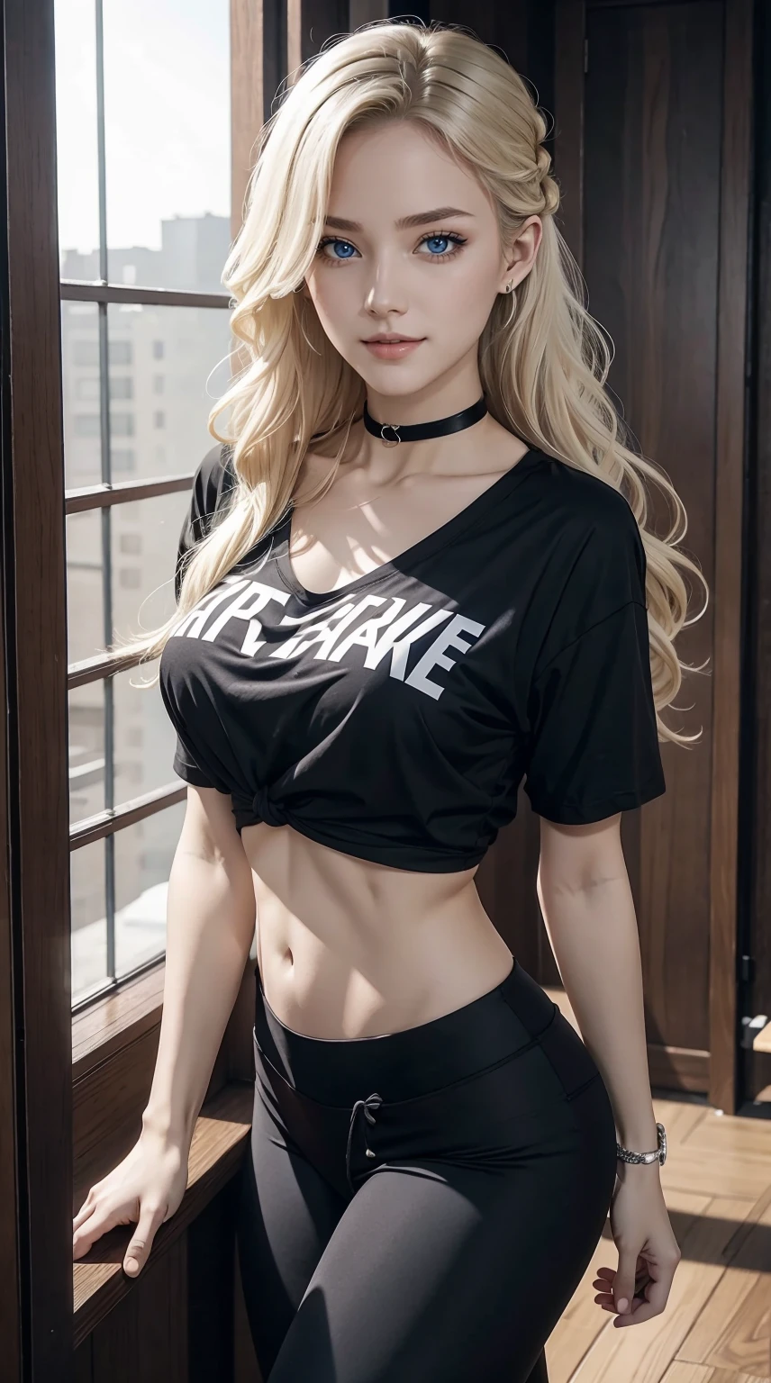25-year-old Caucasian woman、platinum-blonde、blue eyess、Longhaire、My hair is wavy、Hair is tied up、accessories on the wrist、wearing a choker、a smile、The navel is out、huge tit、My abs are cracked、slim muscular body、I don't want my head to disappear from the screen.、wearing t-shirts、I'm wearing low-rise leggings
