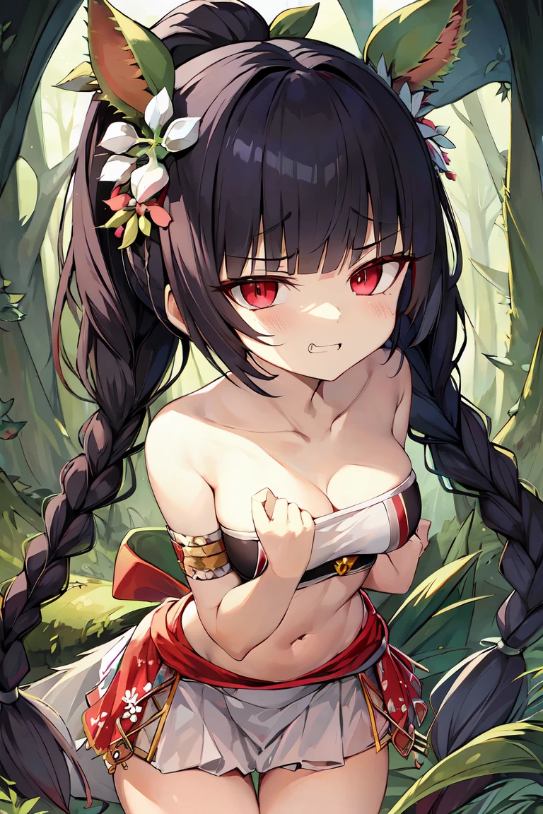 traptrixdionaea, tail, navel, bare shoulders, hair ornament, Facing the camera, solo, 1girl, (forest background:1.5), masterpiece, solo, beautiful detailed eyes, finely detail, detailed face, vivid color, 5 fingers, finely detailed, hyper detailed, detailed hand, 8k, finely detailed beautiful eyes, high resolution illustration, best quality, (evil smug:1.3), sadistic looks, braid, cleavage, dress, duel monster, frown, gradient eyes, low twin braids, multicolored eyes, navel, plant, plant girl, ponytail, red eyes, twin braids, venus flytrap, clothes pattern, bloomers, (facial mark:0.66), (li:1.2), seiza, leaning forward, smug, open mouth, evil, evil eyes,