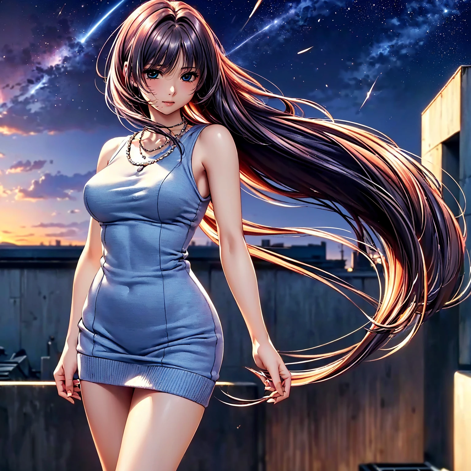 (top quality picture、masterpiece level、very high res、超A high resolution,High quality detailing)、(A 24-year-old beautiful girl with perfect and ultimate beauty.,beautiful breasts and figure,Beautiful body,美丽的面容,Strong-willed eyes:1.5)、(There are many variations of hairstyles,The bangs are neatly arranged,long straight hair on the sides,Beautiful hair:1.2),lifelike textures,Beautiful colors,(Wear sleeveless knitwear,1 diamond necklace,wearing miniskirt,Wearing clothes that expose the shoulders,Beautiful legs are visible,),(Standing on the rooftop looking at the stars and the night sky,The wind is blowing,Hair flutters under the influence of the wind:1.2),Beautiful Landscapes,(The whole body,accurate anatomy、extremely detailed picture、Accurate images、Perfect Image 1.5)、beautiful anime woman, Beautiful Art Style, an animated character、(The whole picture、Detailed picture、Defect-free images、natural soft light、beautiful image),(Best Shot 1.2)