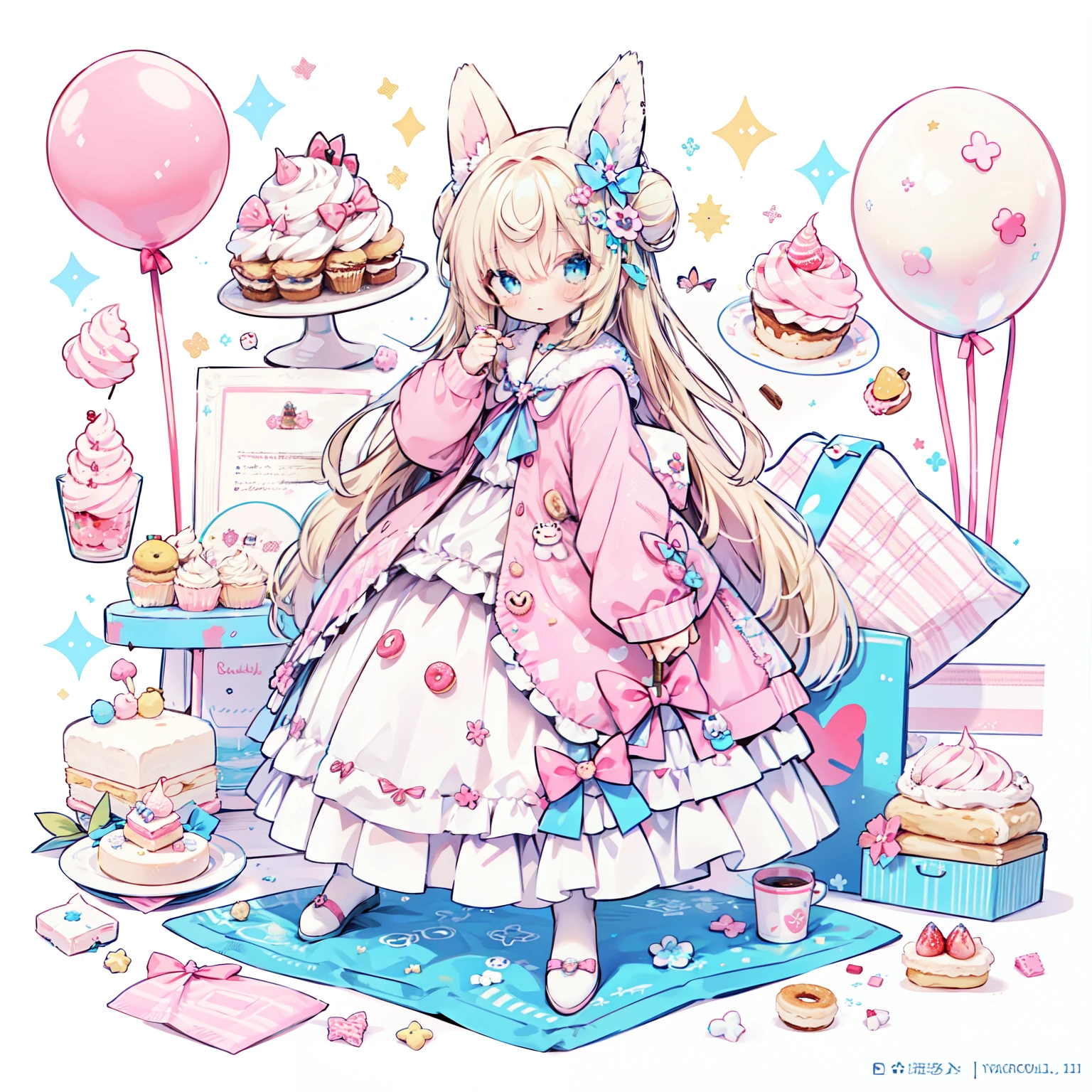 1 girl in, soft and muted colors, (Color Palette:1.2, blue:1.2, Pink:1.2), (blue bun and blonde hair), Sitting on a throne made of sweets and pastries, por exemplo, donut, sprinkle, Confectionery, lollipop, candy cane, A piece of cake, Cupcakes, cake pop, Ruffles and lace, polka dots, Long bat ears