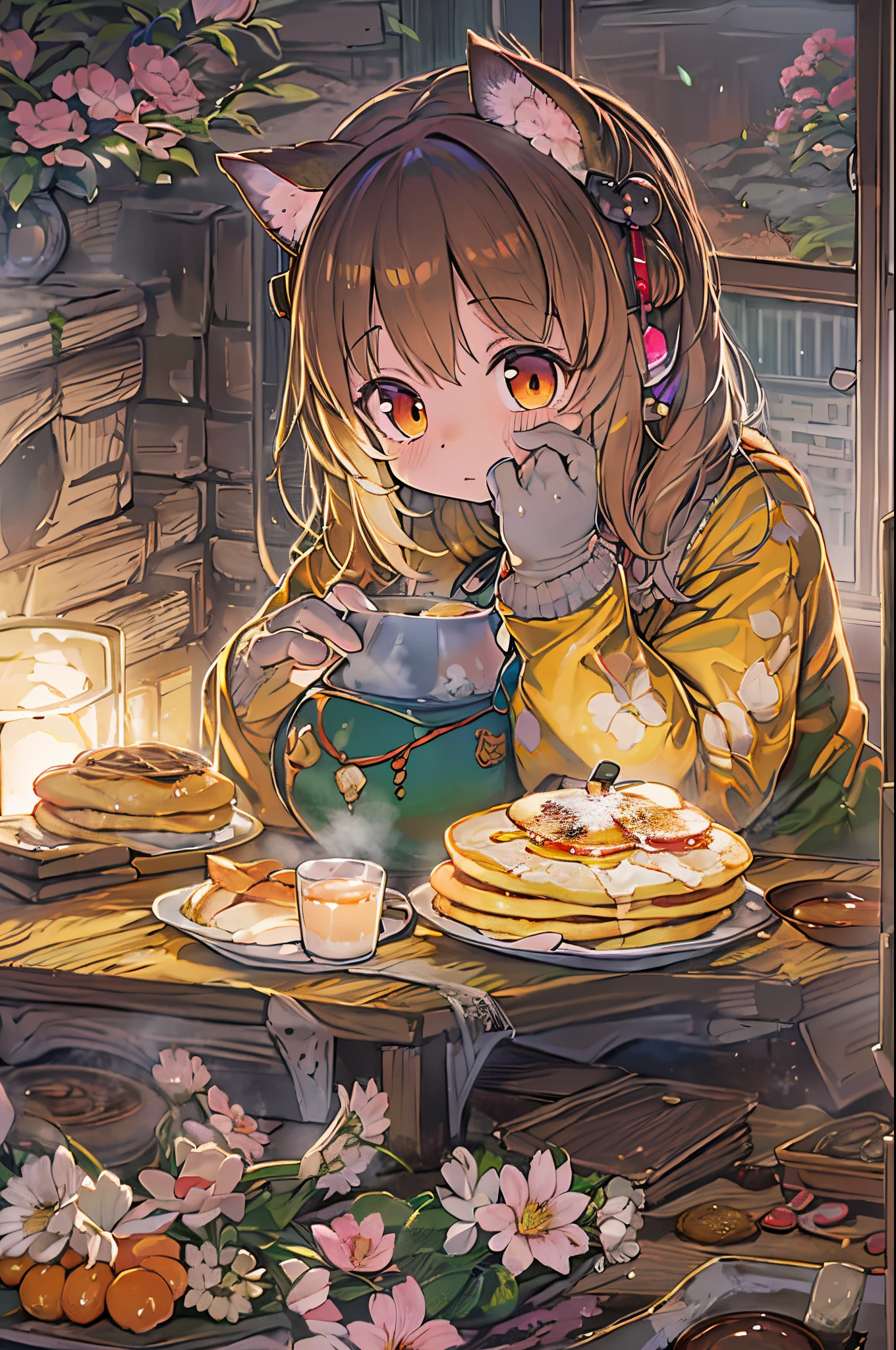 Sit under the kotatsu and eat pancakes、Anime girl drinking tea, pixiv, Cute Anime, In pixiv, anime food, cute anime catgirl, anime wallaper, Lori, trending in pixiv, hd anime wallaper, Cute anime girl, Anime visuals of cute girls, anime moe art style, Anime Background, anime style 4 k, Asuka、Eat pancakes