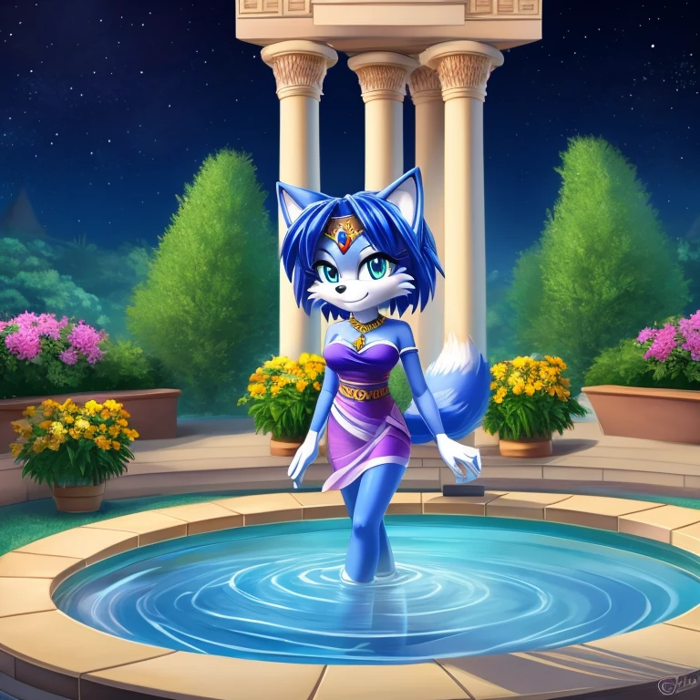 Krystal The Fox, blue fox, blue skin, fox tail, Beautiful, short hair, yellow hairband, smile, Jewelry, Blue Strapless Dress, Short Dress, Long White Gloves, Night, Stars, Looking at Viewer, walking, 2D illustration, A Background of a Roman pillars of Scenic green field with trees lining the sides , adorned with a colorful vibrant flowers, a swimming pool with a fountain.