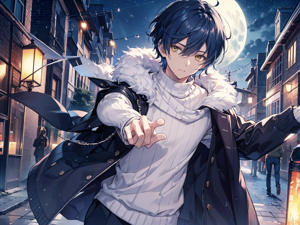masutepiece, Best Quality, Ultra-detailed, Extremely detailed, 4K, 8K, Best Quality, Beautiful0, Winters, a handsome man, man, Solo, Wearing white knitwear, Beautiful dark blue hair, Beautiful yellow eyes, handsome eyes, Short hair, lightsmile、nighttime scene