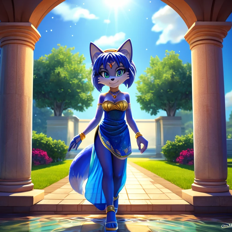 Krystal The Fox, blue fox, blue skin, fox tail, Beautiful, short hair, yellow hairband, smile, Jewelry, Blue Strapless Dress, Short Dress, Long White Gloves, Night, Stars, Looking at Viewer, walking, 2D illustration, A Background of a Roman pillars of Scenic green field with trees lining the sides , adorned with a colorful vibrant flowers, a swimming pool with a fountain.