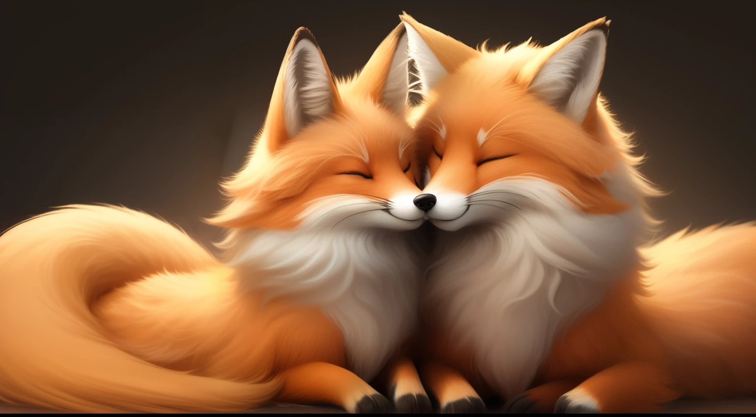 Best quality fluffy, cute fox, Two foxeale and female cuddles，Two foxes，Yellow fur，hairy pubic，kiss