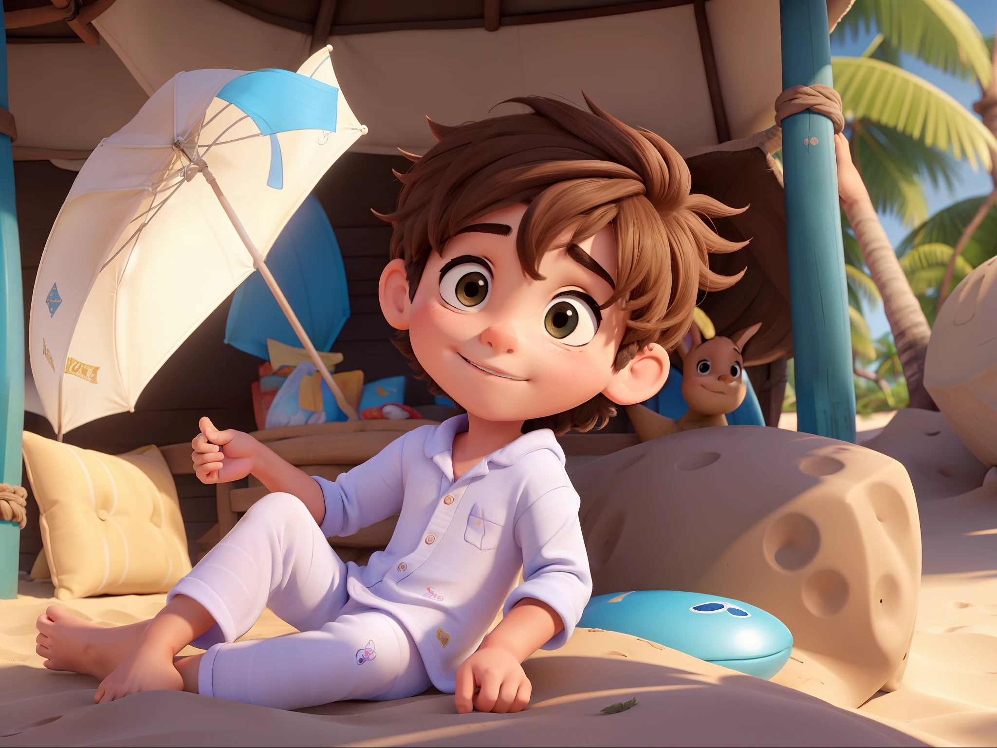desenho de um de pijama na praia, estilo disney. Alta qualidade. tipo capa de filme