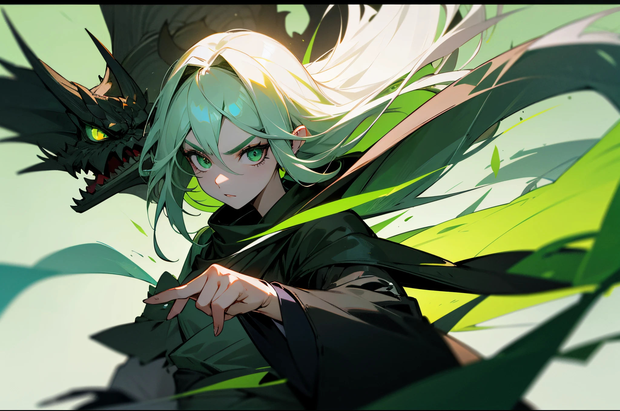 teens girl,cabelos preto e longos,Green eyeiserable white skin,detritos,Green and white clothelack cloathlack scarf,Green eyebrows,green eye shadow,incredulous,The background a black dragon,The left hand a black dragon claw,Holding a black bow in the right hand,Sense of oppression,A sense of life,Shinmei,Breath of death,green sun