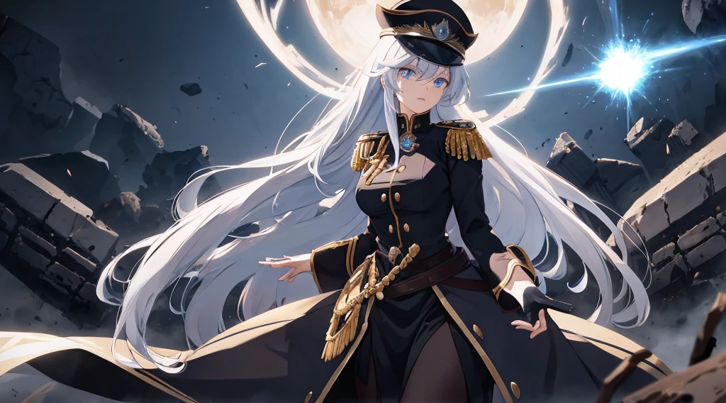 Masterpiece, best quality. 1 Anime lady ( woman), Solo, (Look at viewers) . Stern looks. She wearing black epaulette dress, black commander hat, have glowing light blue eyes. She have very long white hair. There's God Ring behind her. Cinematic light. (War, destroyed ground, Ashes flowing). Releasing power. blue aura.