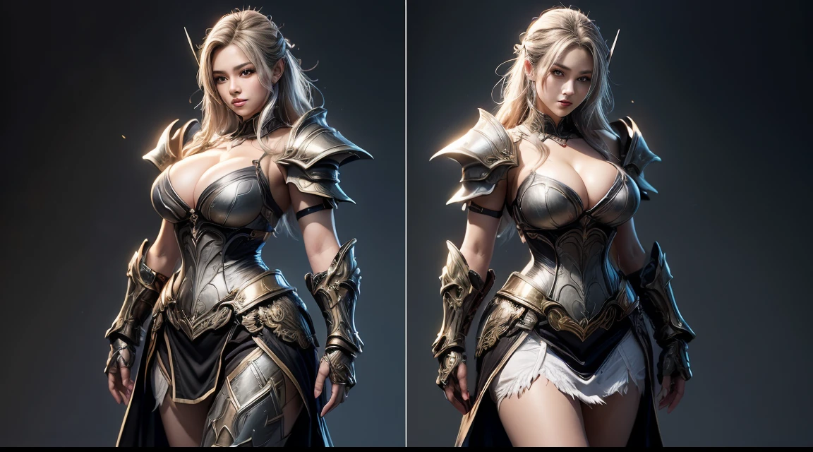 ultra - detailed, The beautiful, tmasterpiece, Best quality, Delicate and beautiful round eyes, beautiful detailed face, mid - length hair, random hair style, Random color hair, random eyes color, forehead, in silver and black dress, heroes, detailed fantasy art, Stunning character art, Fan Art Best Art Station, Epic and beautiful character art, beautiful armor, Very detailed ArtGerm, Fully detailed armor, detailed digital anime art, Artgerm on ArtStation Pixiv, Armor Woman, (humongous large breast, (humongous large breast:1.1), Bust thickness, thick-waisted), (Wide hips:1.4, upper legs, body beautiful), Mature woman, Ancient ruins, beatiful background, 1 plump girl, Alone,(Full-body photography:1.6), express in detail