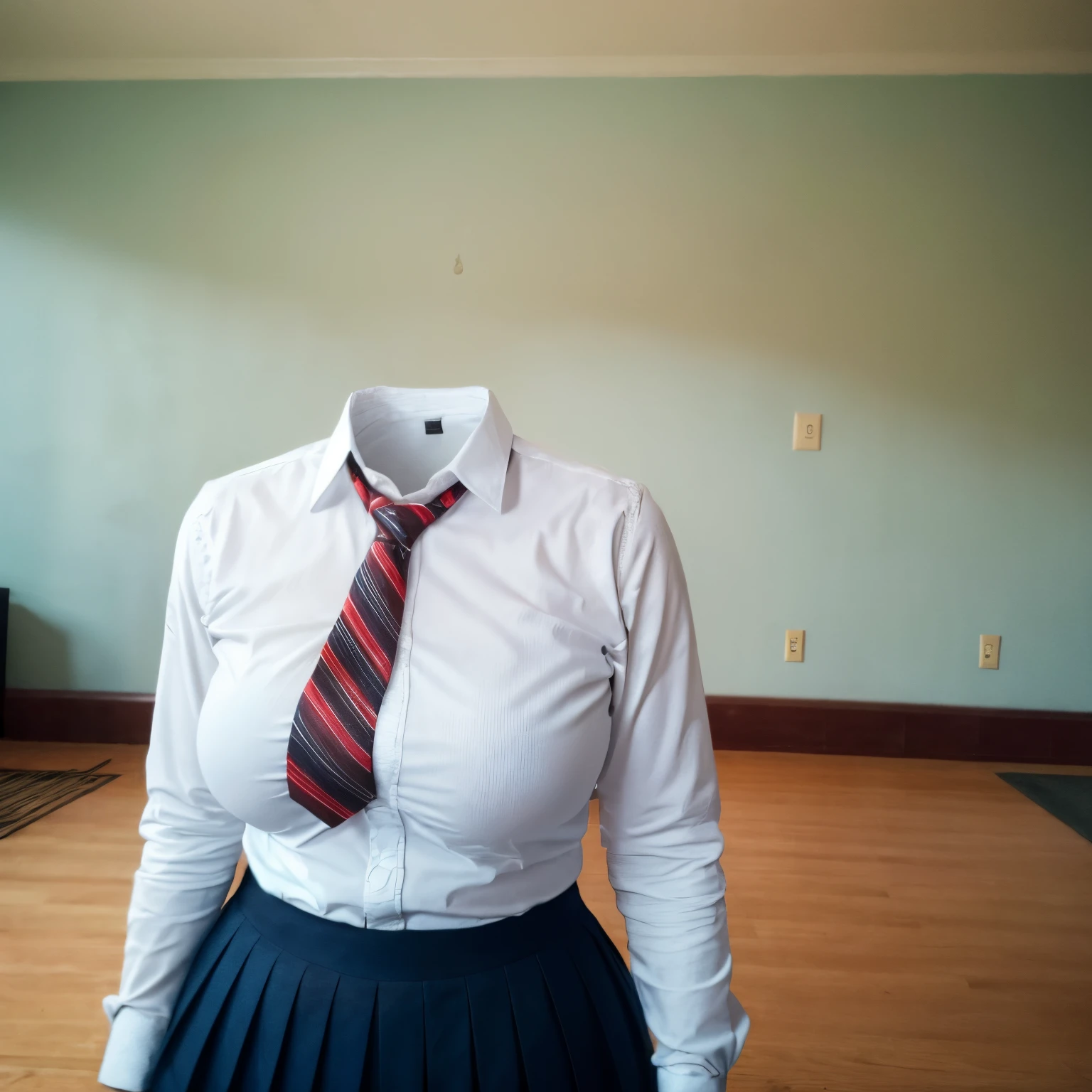 chubby, fat, white shirt, blue stripe tie, school tie, school uniform, (floating in the air), cute pose, (invisible, no humans, headless, faceless:1.5), cute big breasts, close-up shot of breasts, (8k, RAW photo, best quality, masterpiece:1.2), (realistic, photo-realistic:1.37), photon mapping, radiosity, ((Hasselblad photography)), physically-based rendering