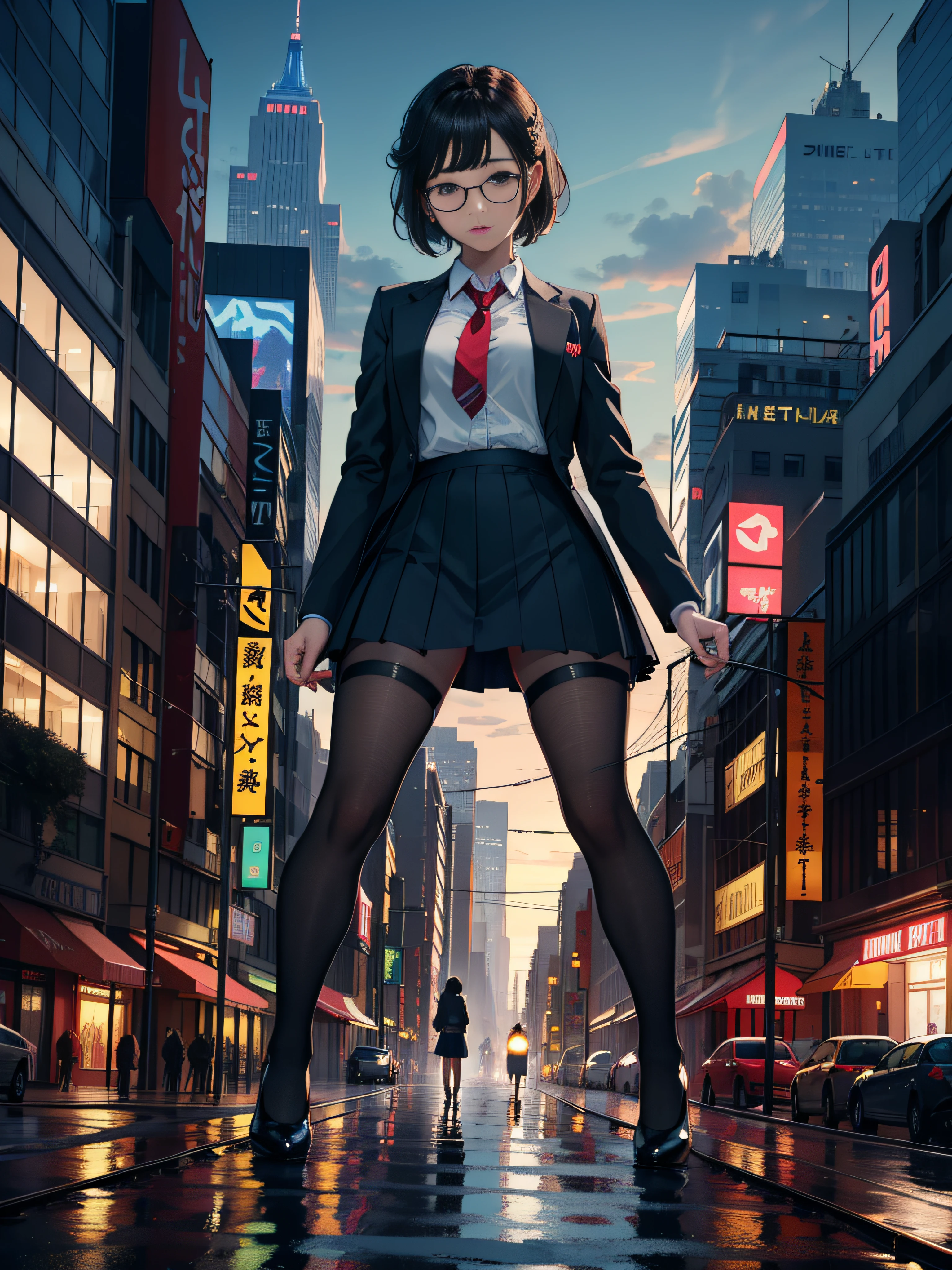 multiple girls, giantess art, A surreal schoolgirl, , highly detailed giantess shot, der riese, Short hair details, black pantyhoses, Huge high school girl bigger than a skyscraper。Wearing rimless glasses。Colossal tits。Navy blue blazer、Red Tie、Minkirtlack pantyhose shoes.。very small metropolis。In a miniature metropolis only feet high.、She squatted down to urinate。urine flow。sea of urine。Small trains and cars washed away by urine.。Full body depiction。