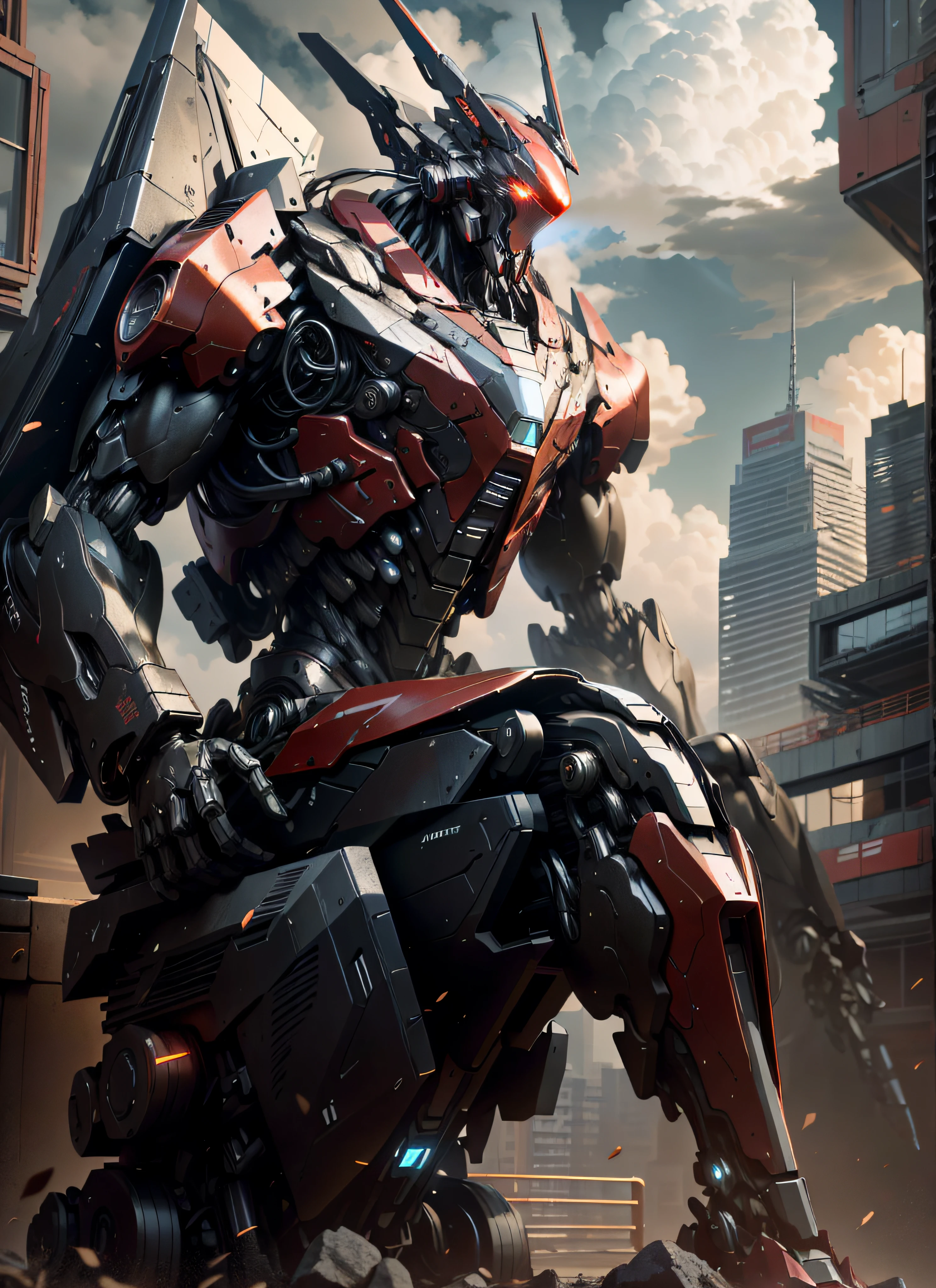 masterpiece, best quality, sky, cloud, holding_weapon, glowing, red gold and black robot, building, glowing_eyes, mecha, science_fiction, city, realistic,mecha, red color, full body, looking into the distance, Marek Janik robot sitting on rock