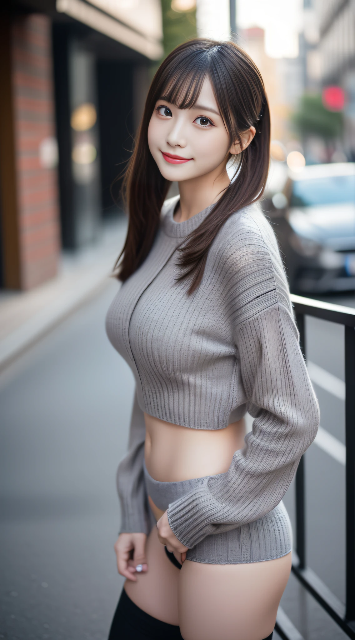 masutepiece, Best Quality, Ultra-detailed, finely detail, hight resolution, 8K Wallpaper, Perfect dynamic composition, Beautiful detailed eyes, (Gray knitwear、Black knee-high tights:1.2)、Knitted dresses、Gray knitwear、 Scrunchie、Wear、pony tail hair、Natural Color Lip, Bold sexy poses,Smile,In the street、chee、28-year-old girl、Cute、Sexy shot looking at camera、Tempting、Beautiful breasts、Well-shaped breasts and beautiful buttocks、big breasts thin waist、Smaller buttocks、Small butt、Seduction Pose、Emphasis on slender、beauty legs、Touch your chest with your hands、Seduce with beautiful legs、The thighs are erotic