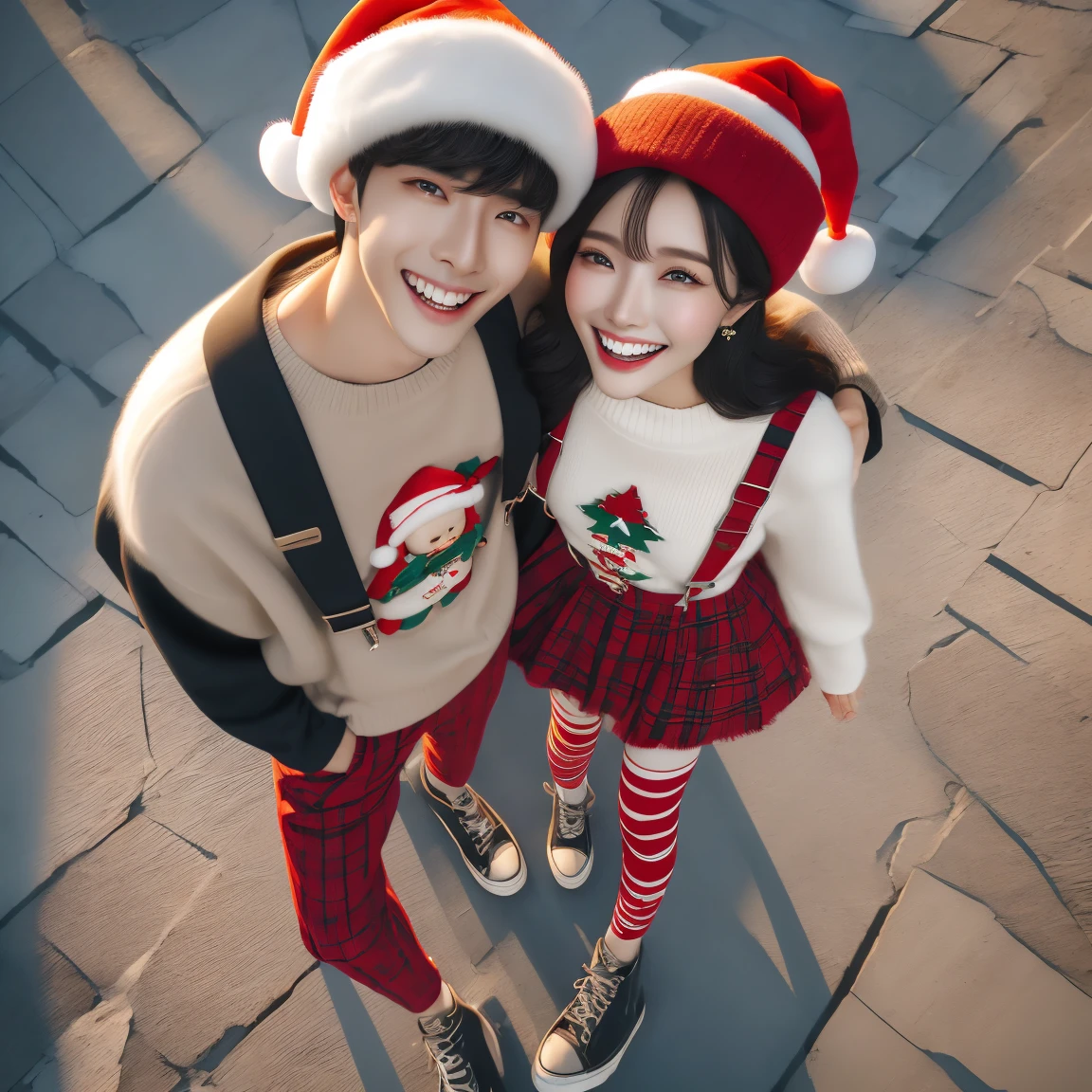 Xmaslover,fullbody shot of a pair of chinese young lovereautiful and handsome，1 gril，1 boy，detailed face and eyes，laughing, Fantastic gorgeous background，skin textures，UHD，realistic，3d，((Best quality)), ((Masterpiece)), anatomy correct，